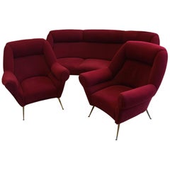 Mid-Century Modern Italian Red Curved Living Room Set, circa 1950