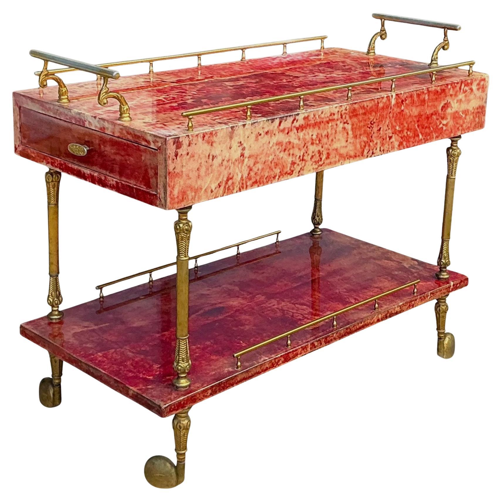 Mid-Century Modern Italian Red Lacquered Bar Cart Att. To Aldo Tura
