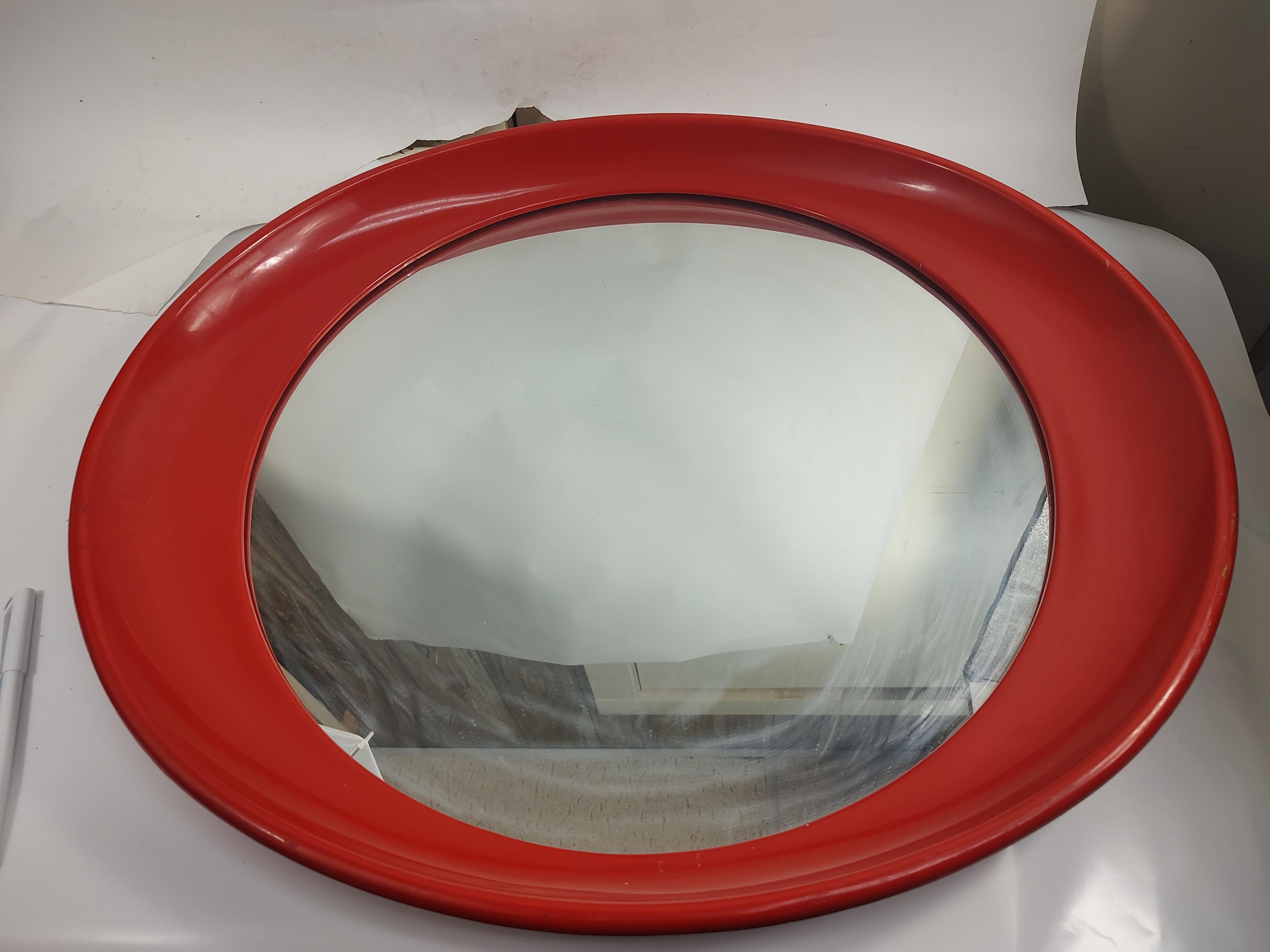 Mid-Century Modern Mid Century Modern Italian Red Plastic Oval Mirror Attributed to Joe Colombo For Sale