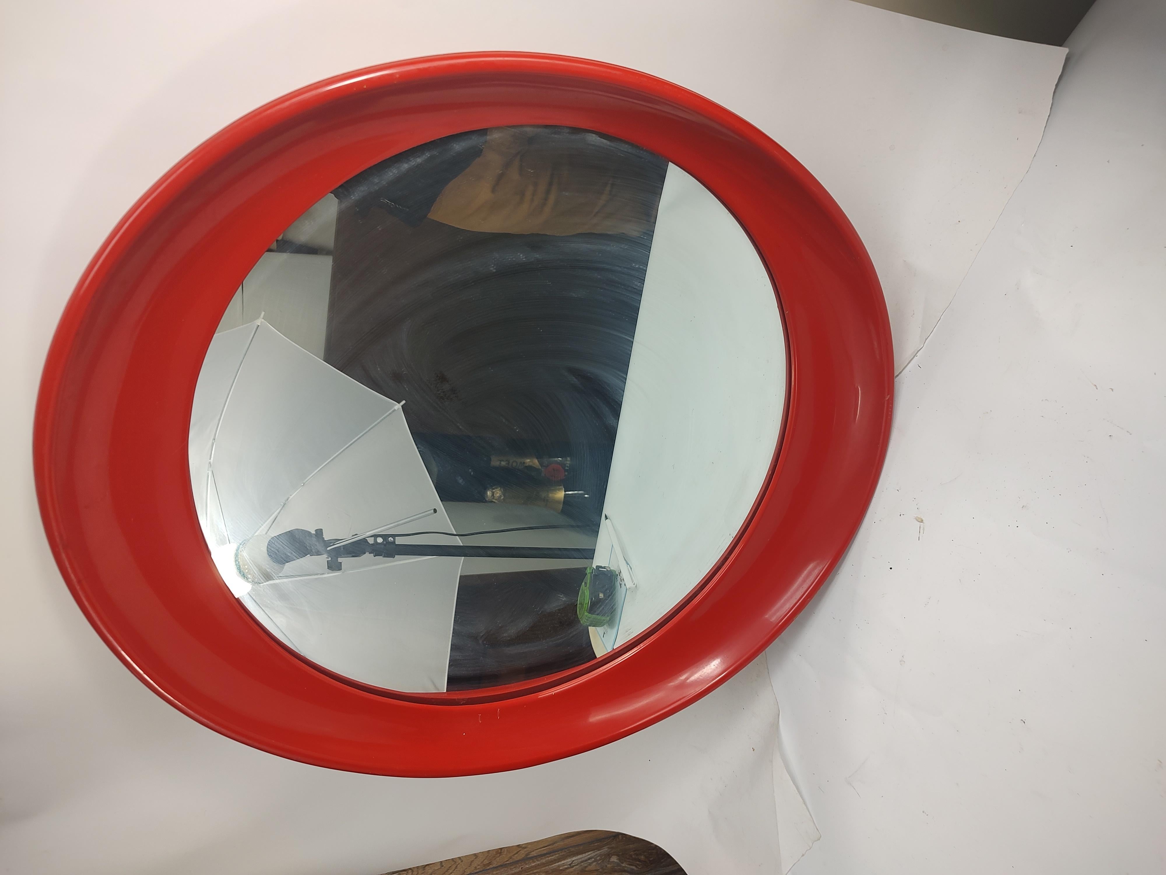 Mid-20th Century Mid Century Modern Italian Red Plastic Oval Mirror Attributed to Joe Colombo For Sale