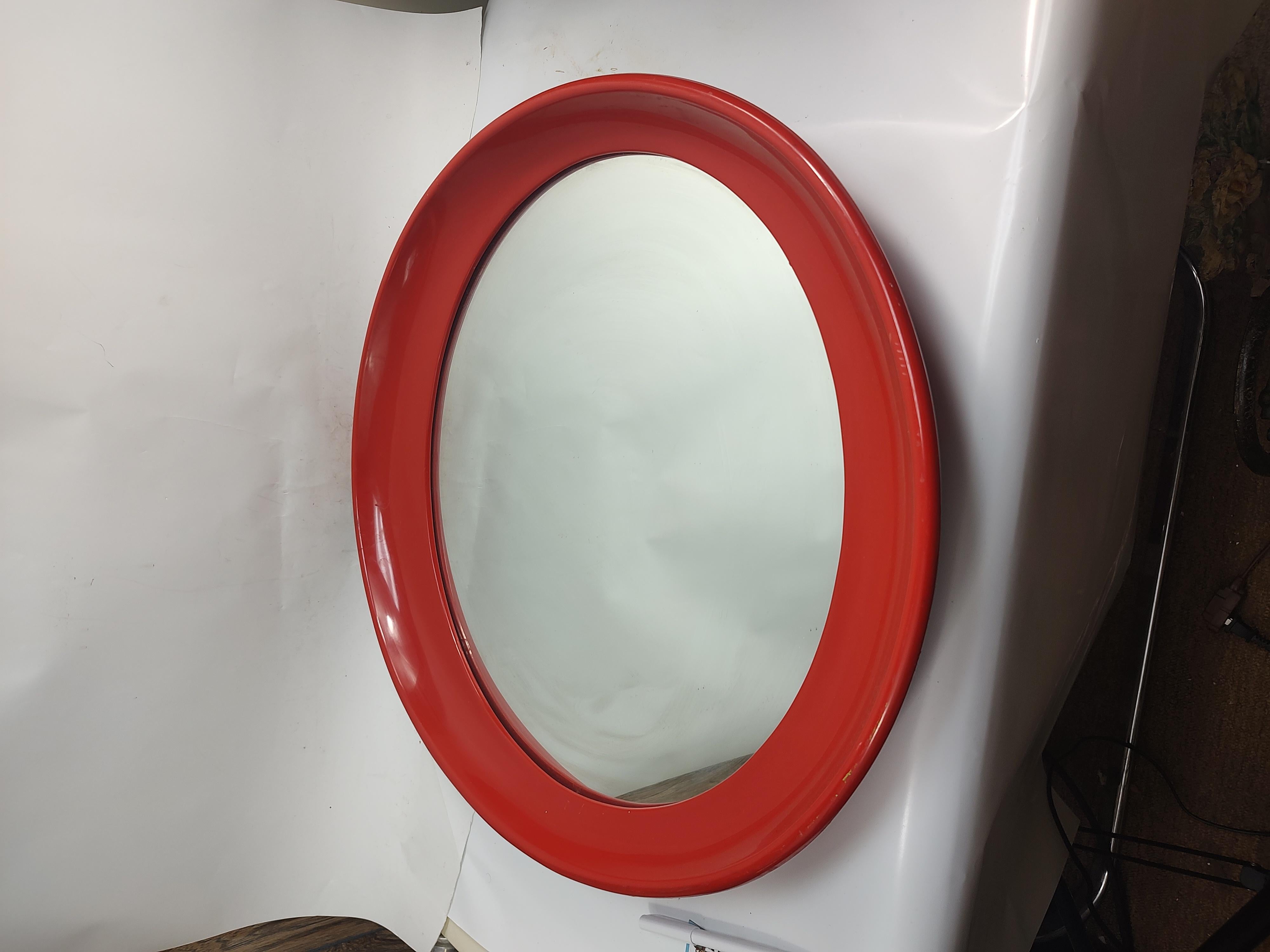 Mid Century Modern Italian Red Plastic Oval Mirror Attributed to Joe Colombo For Sale 1