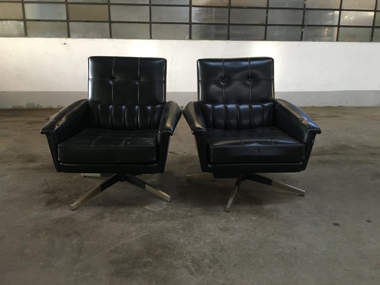 Mid-20th Century Mid-Century Modern Italian Revolving Office Black Faux Leather Armchairs, 1960s For Sale