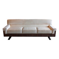 Mid-Century Modern Italian Rosewood Three Seats Sofa, Jacquard Ivory Velvet