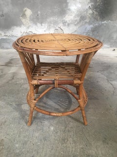 Mid-Century Modern Italian Round Bamboo and Wicker Side Table, 1970s