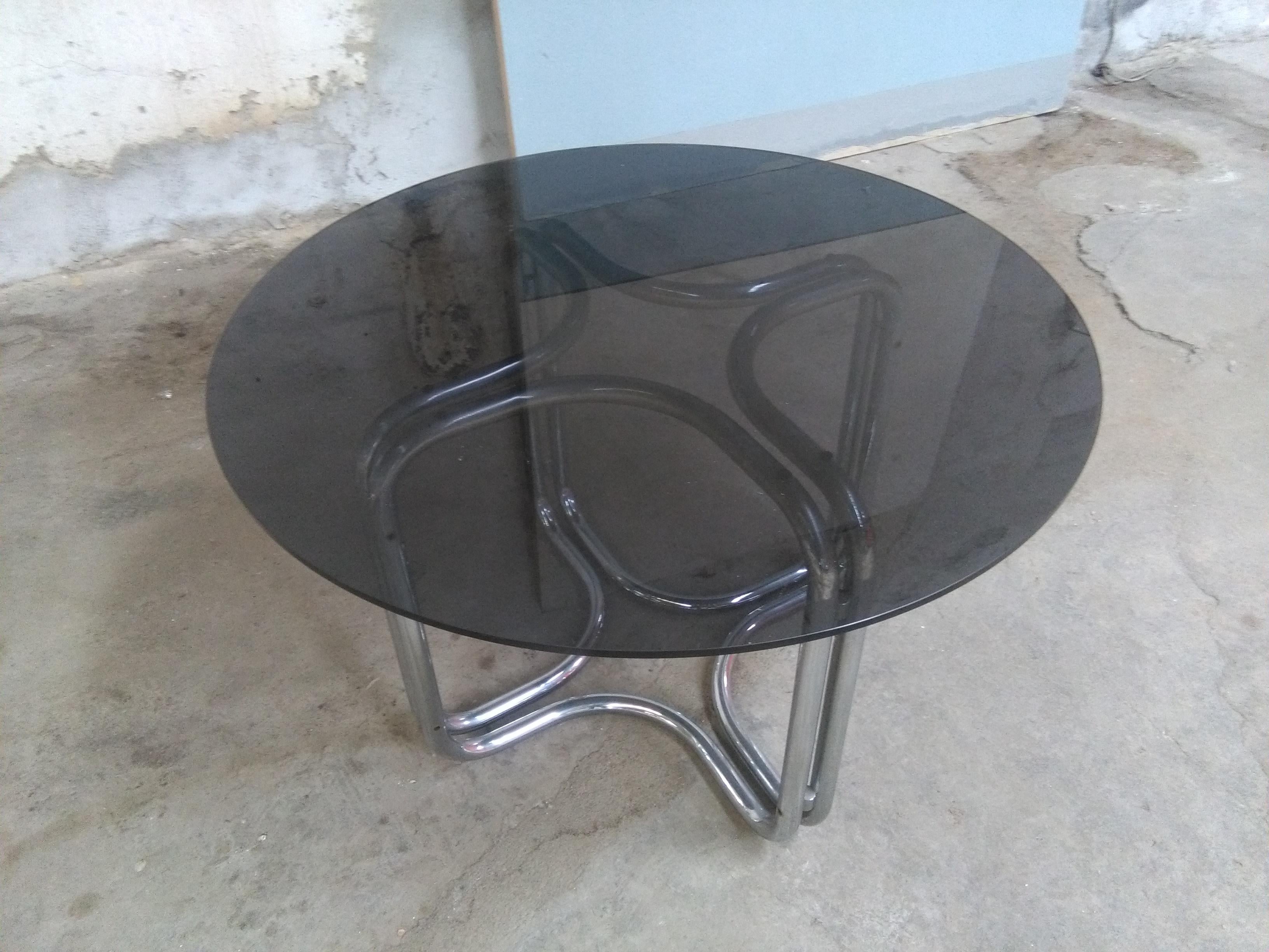 Smoked Glass Mid-Century Modern Italian Round Chrome Dining Table by Giotto Stoppino, 1970s