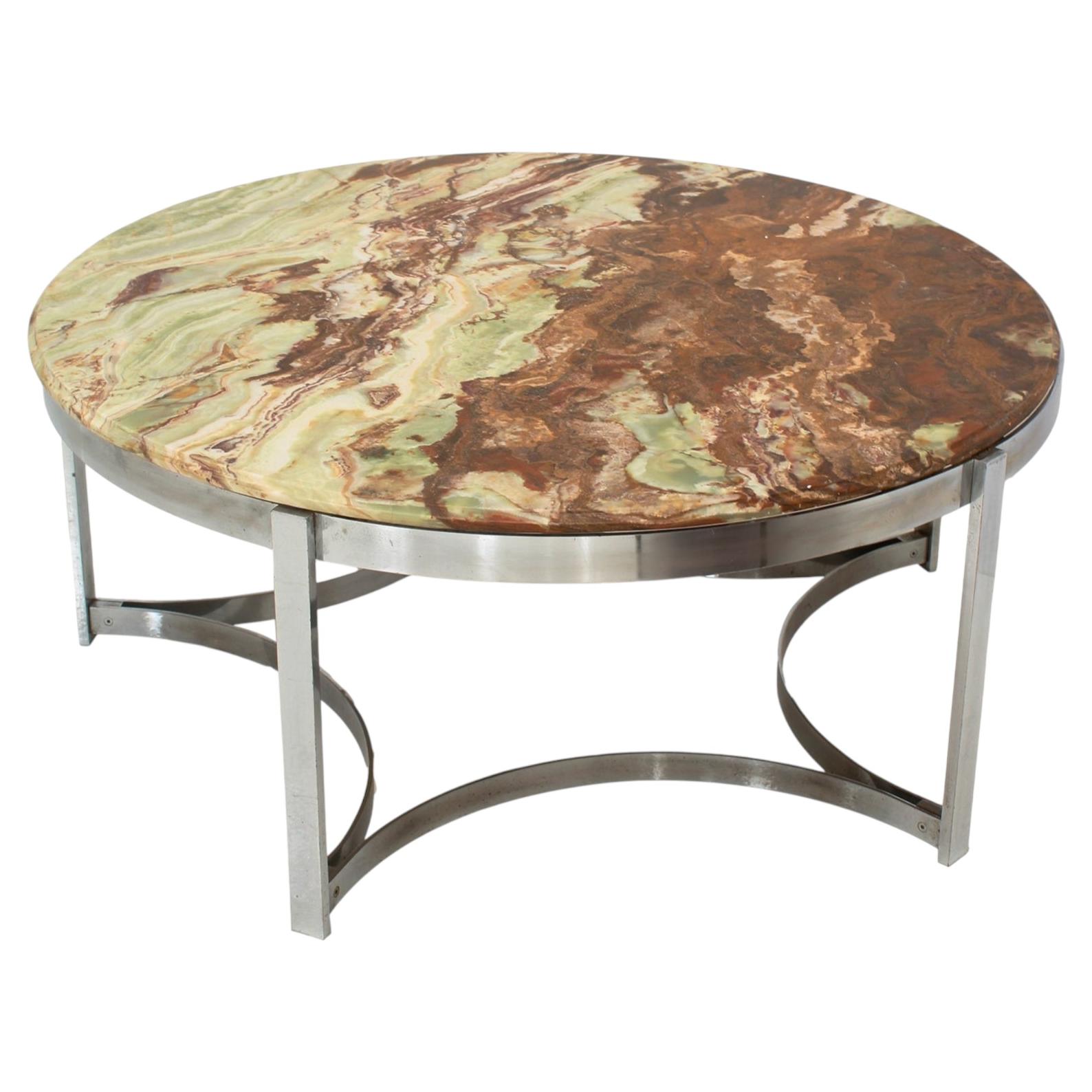 Mid-Century Modern Italian Round Coffee Table with Onyx Top and Sleek Steel Fram