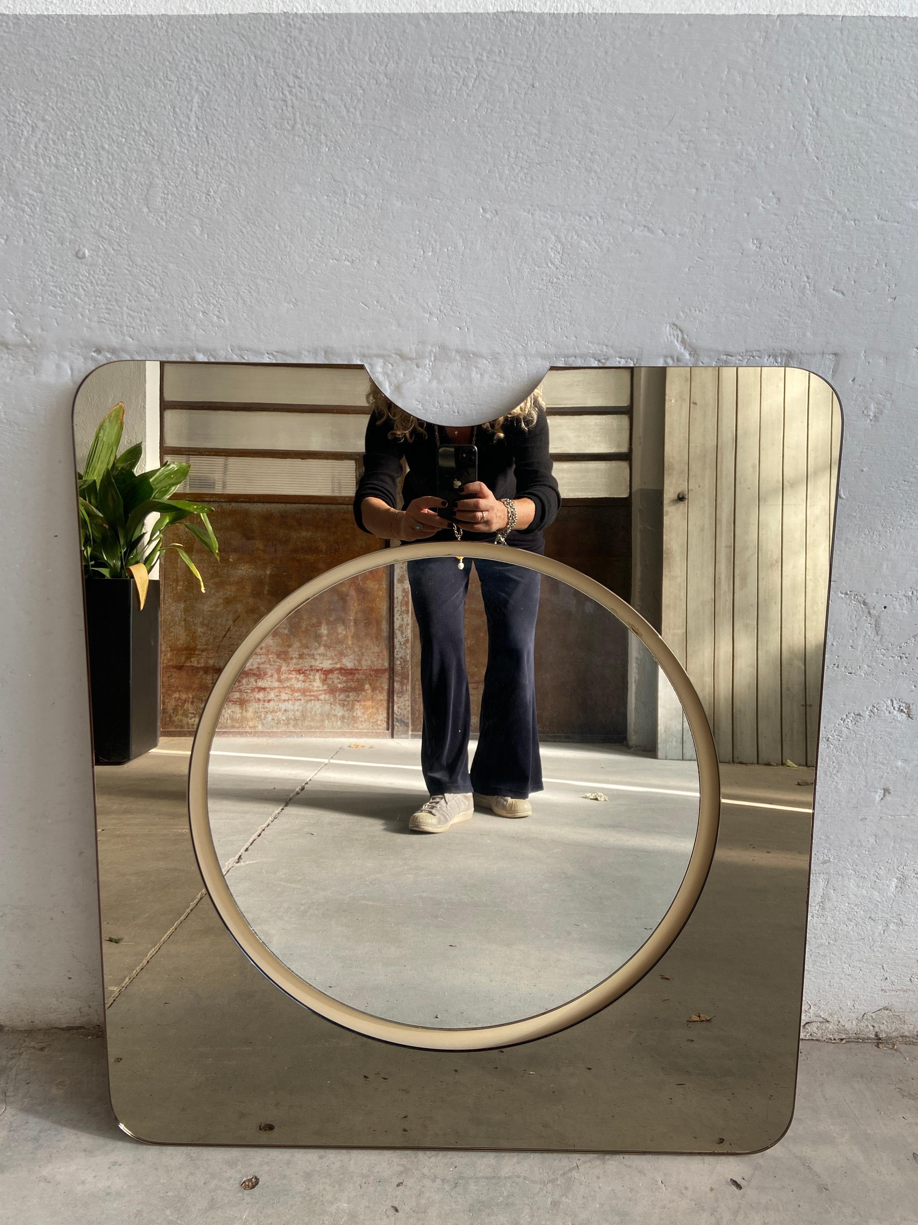 Late 20th Century Mid-Century Modern Italian Round Mirror with Smoked Mirror Shaped Frame, 1970s