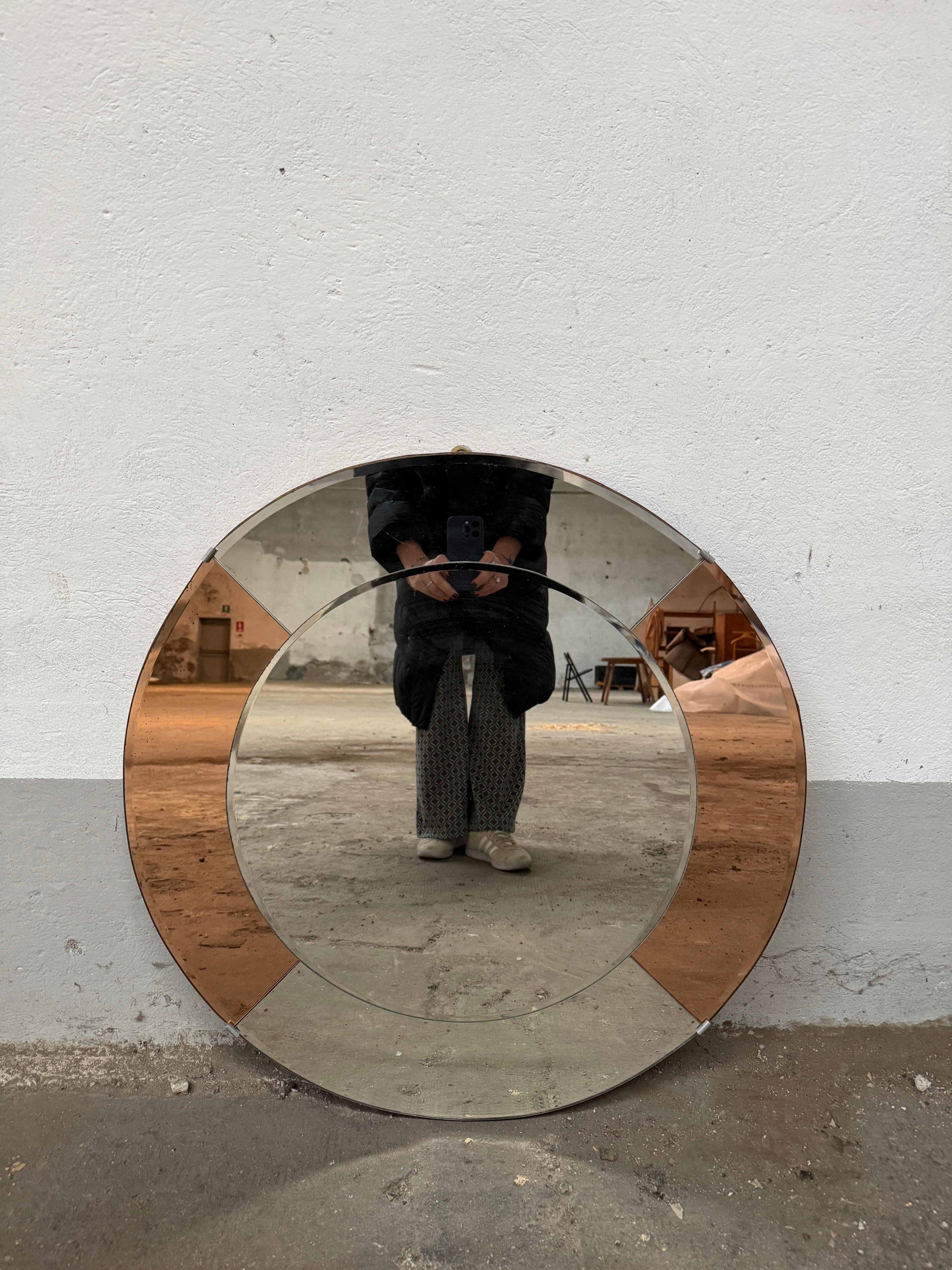 Mid-Century Modern Italian Round Shaped Cristal Arte Wall Mirror with colored mirror frame. 1970s