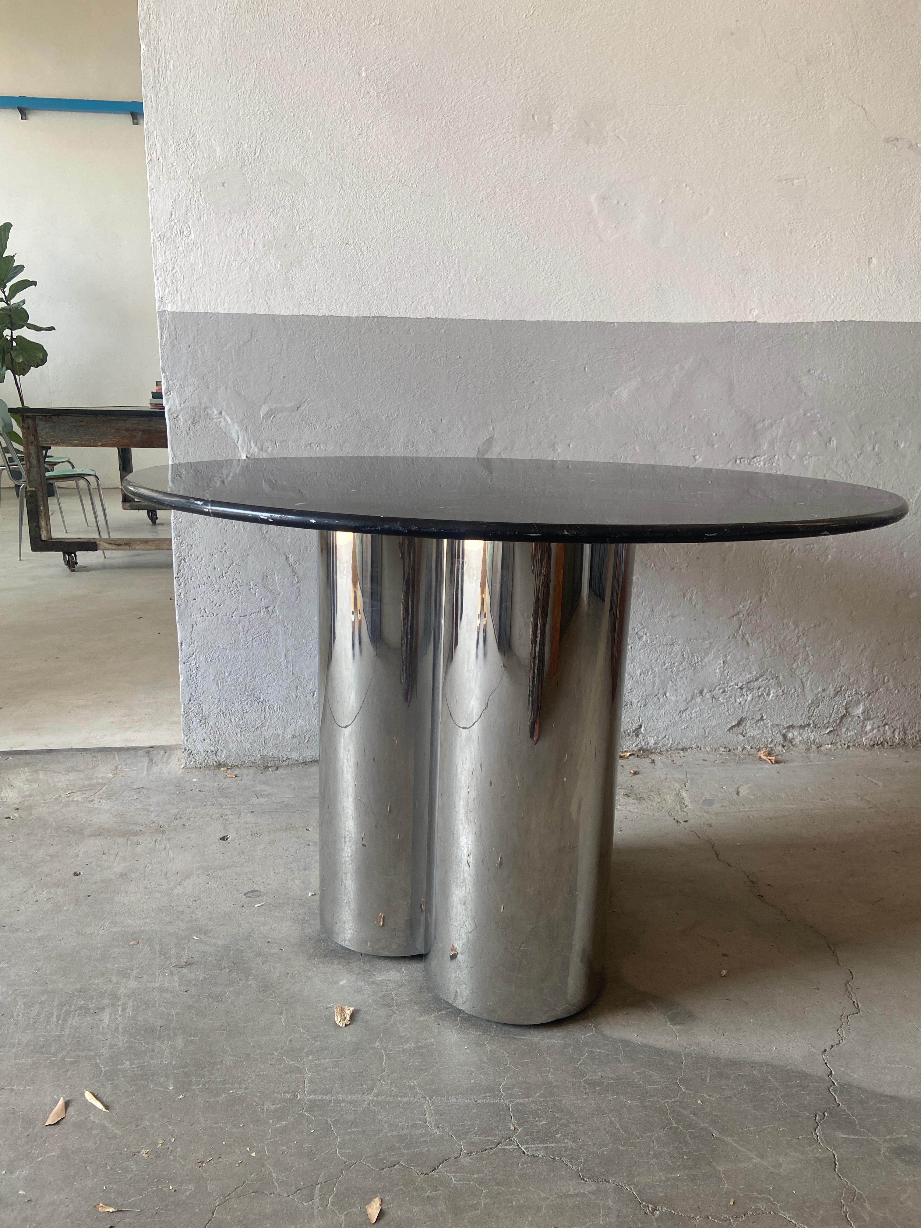 Stainless Steel Mid-Century Modern Italian Round Table with Marquina Marble Top, 1970s For Sale