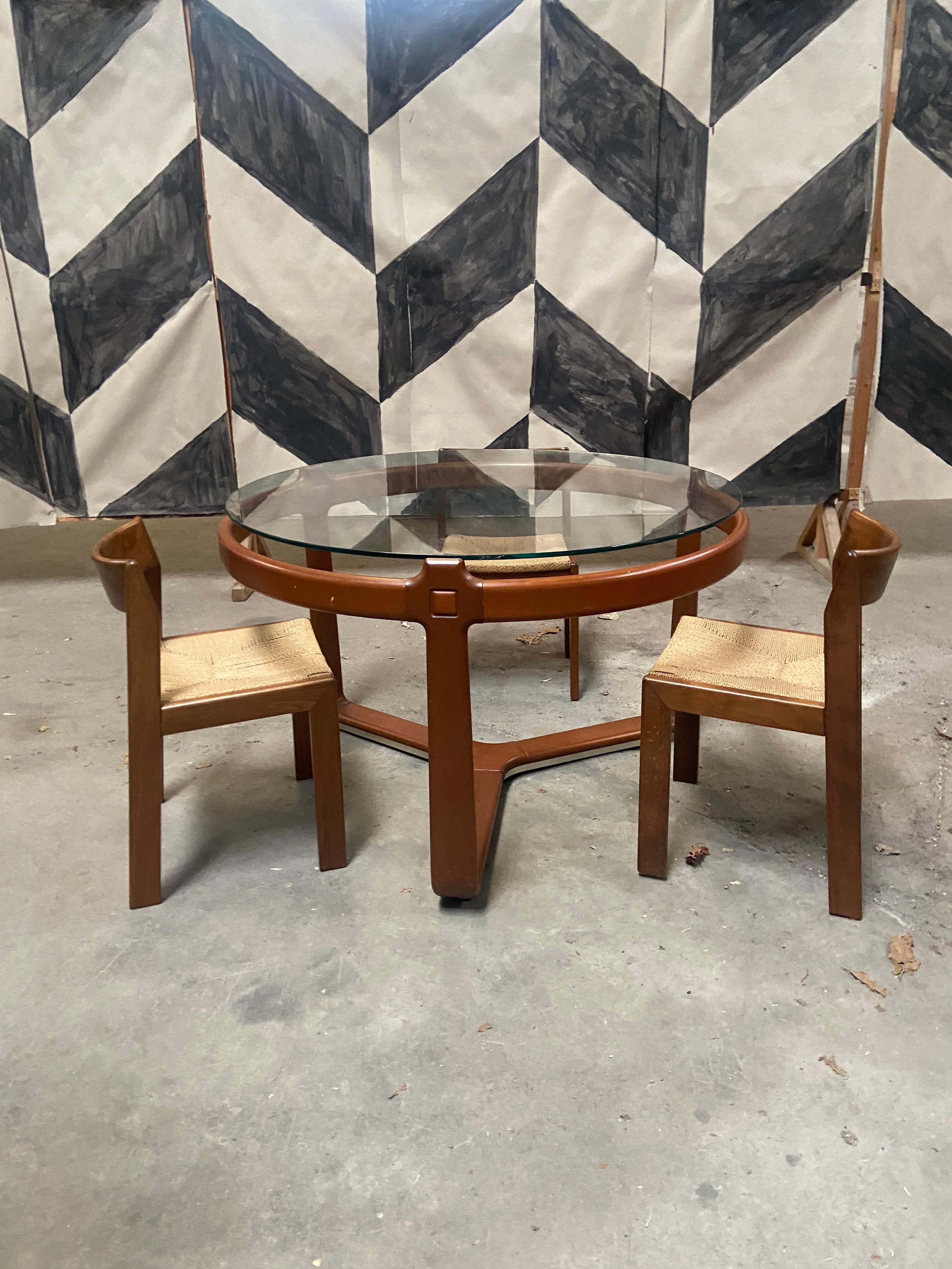 Late 20th Century Mid-Century Modern Italian Round Table with Smoked Glass Top and 3 Wooden Chairs For Sale