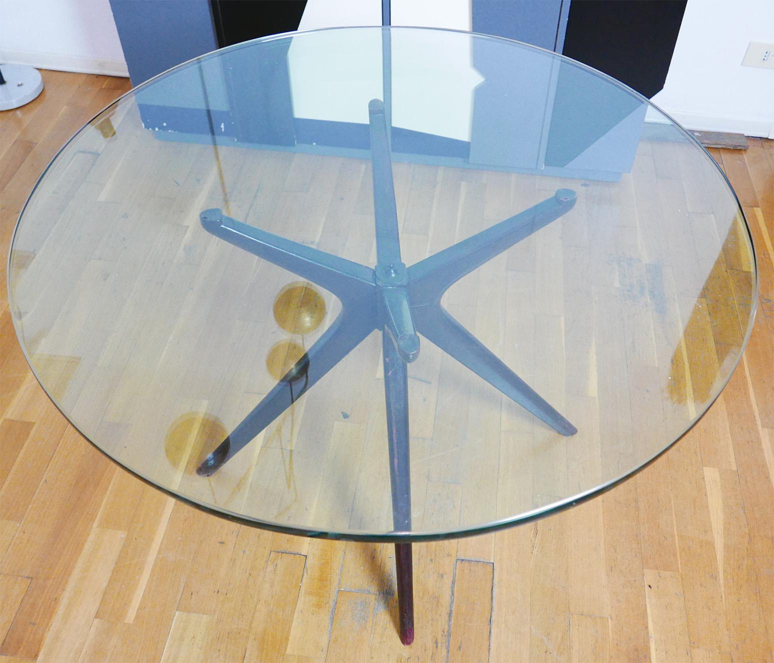 Turned Mid-Century Modern Italian Round Wood Table with Thick Glass Top, Milano, 1950s For Sale