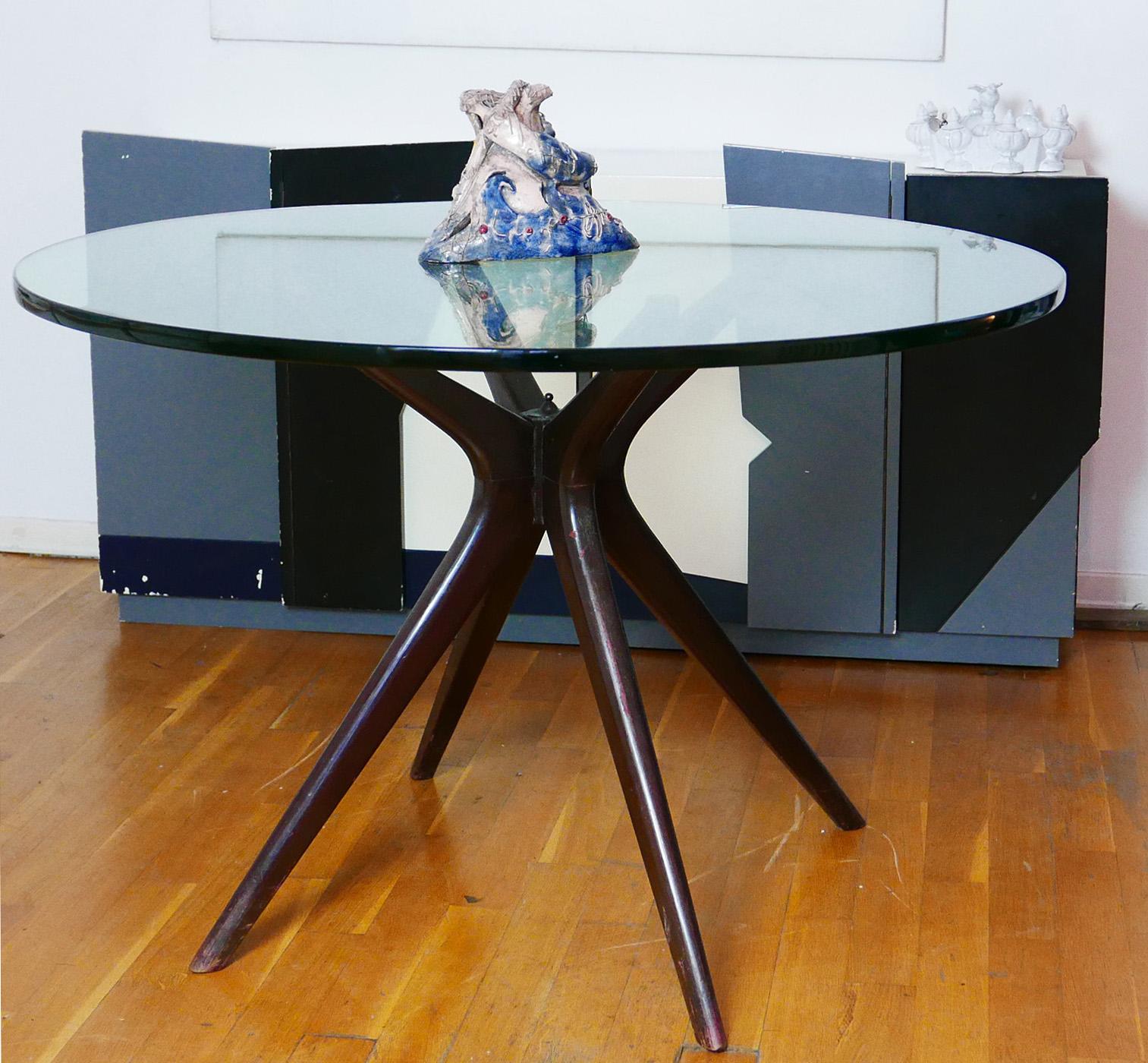 Mid-20th Century Mid-Century Modern Italian Round Wood Table with Thick Glass Top, Milano, 1950s For Sale