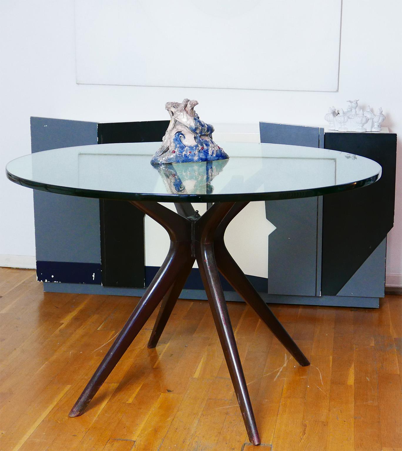 Mid-Century Modern Italian Round Wood Table with Thick Glass Top, Milano, 1950s For Sale 2