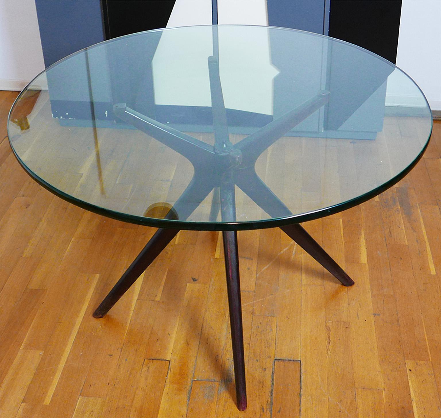 Mid-Century Modern Italian Round Wood Table with Thick Glass Top, Milano, 1950s For Sale 4