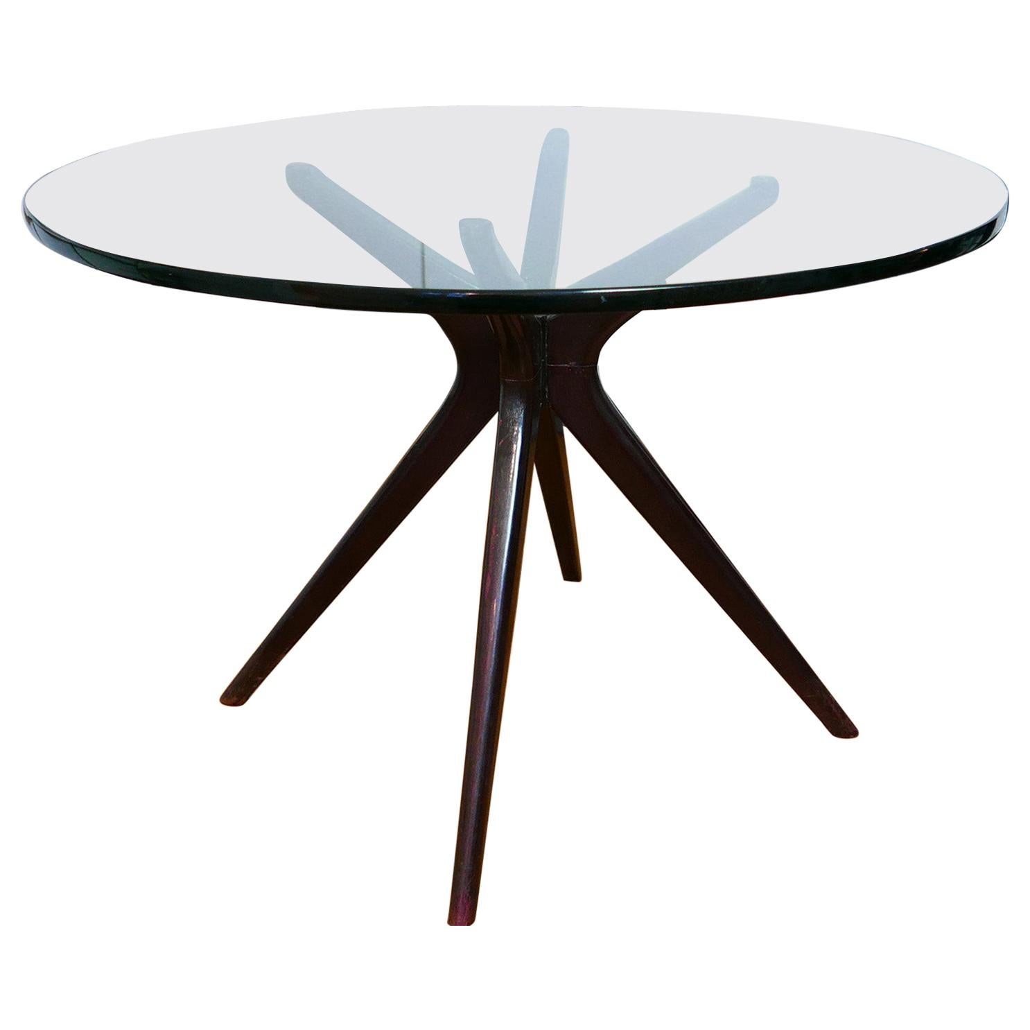 Mid-Century Modern Italian Round Wood Table with Thick Glass Top, Milano, 1950s For Sale
