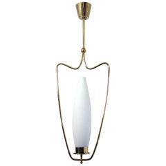 Mid-Century Modern Italian Satinated Glass and Brass Pendant Chandelier, 1950s