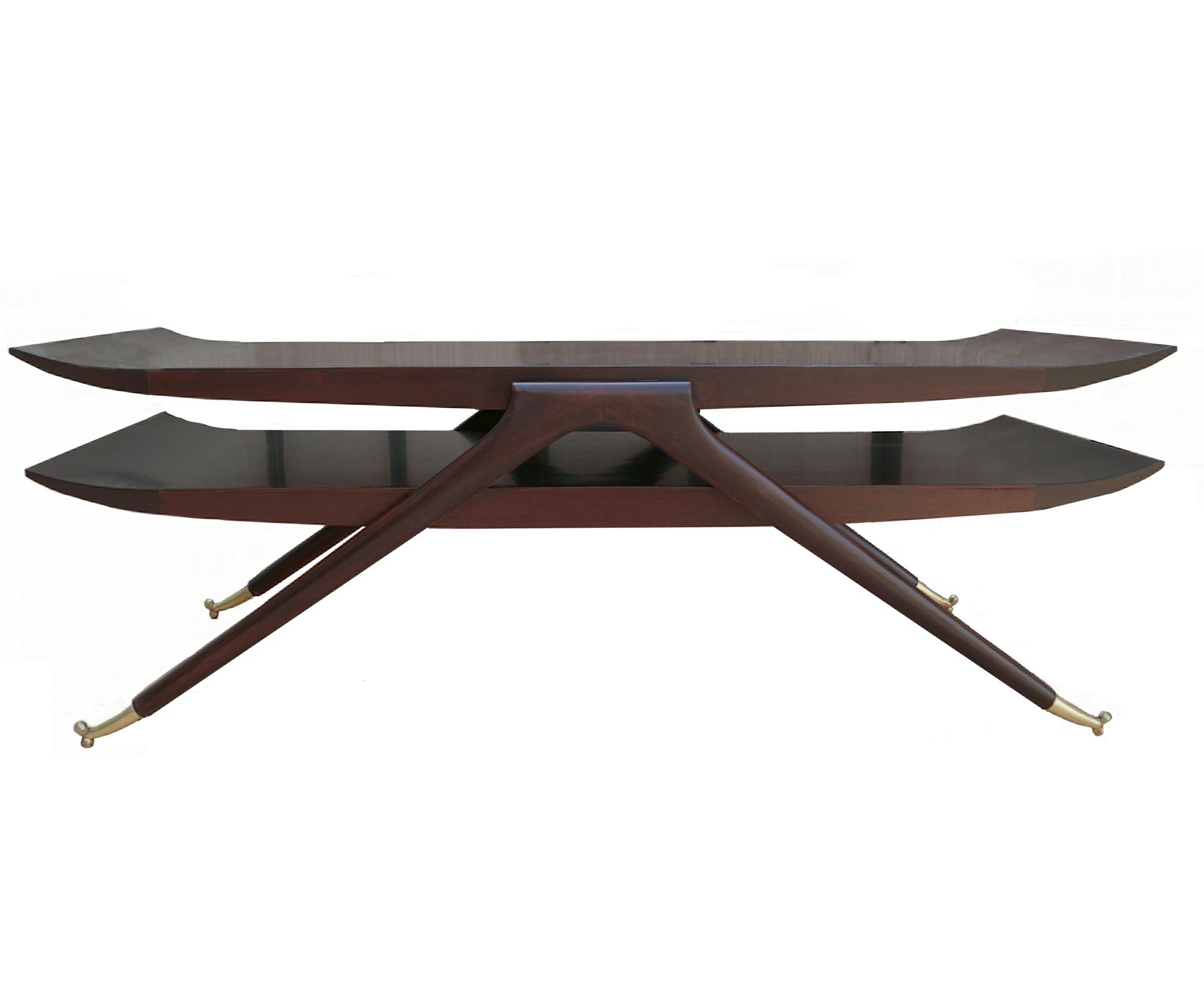 1950s Italian sculptural Bi-Level coffee cocktail table. There is a sheen show photos are showing glare. Recently restored. Variations of this table (with the same ball feet) have been attributed to Gio Ponti as well as Ico Parisi.  If you are in