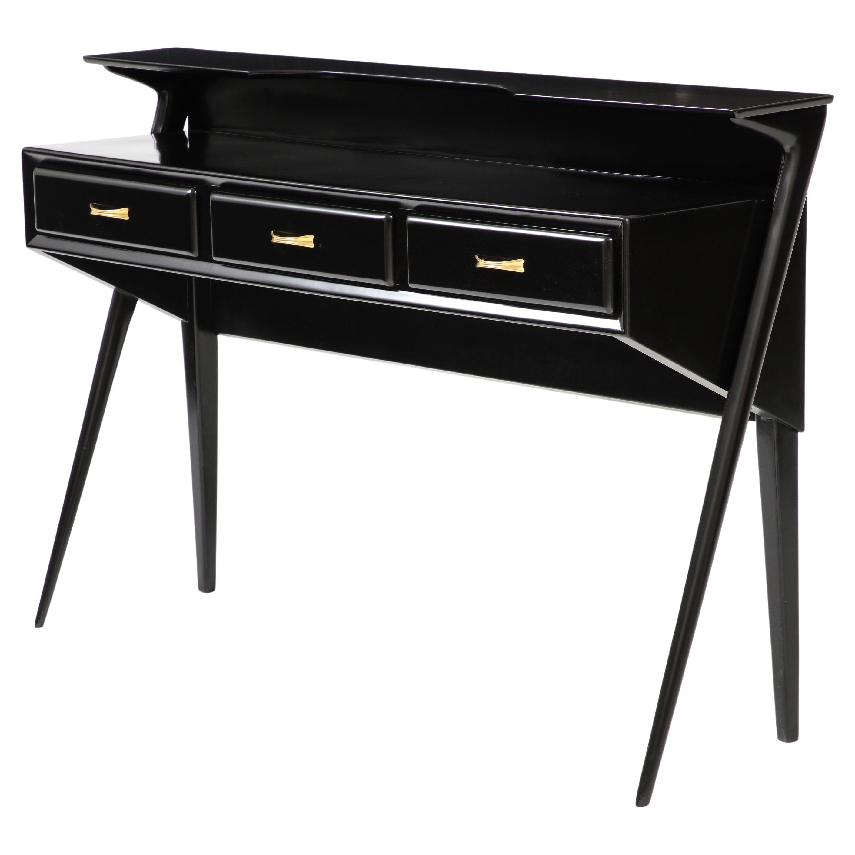 Mid-Century Modern Italian Sculptural Two-Tier Console In Black Lacquer For Sale