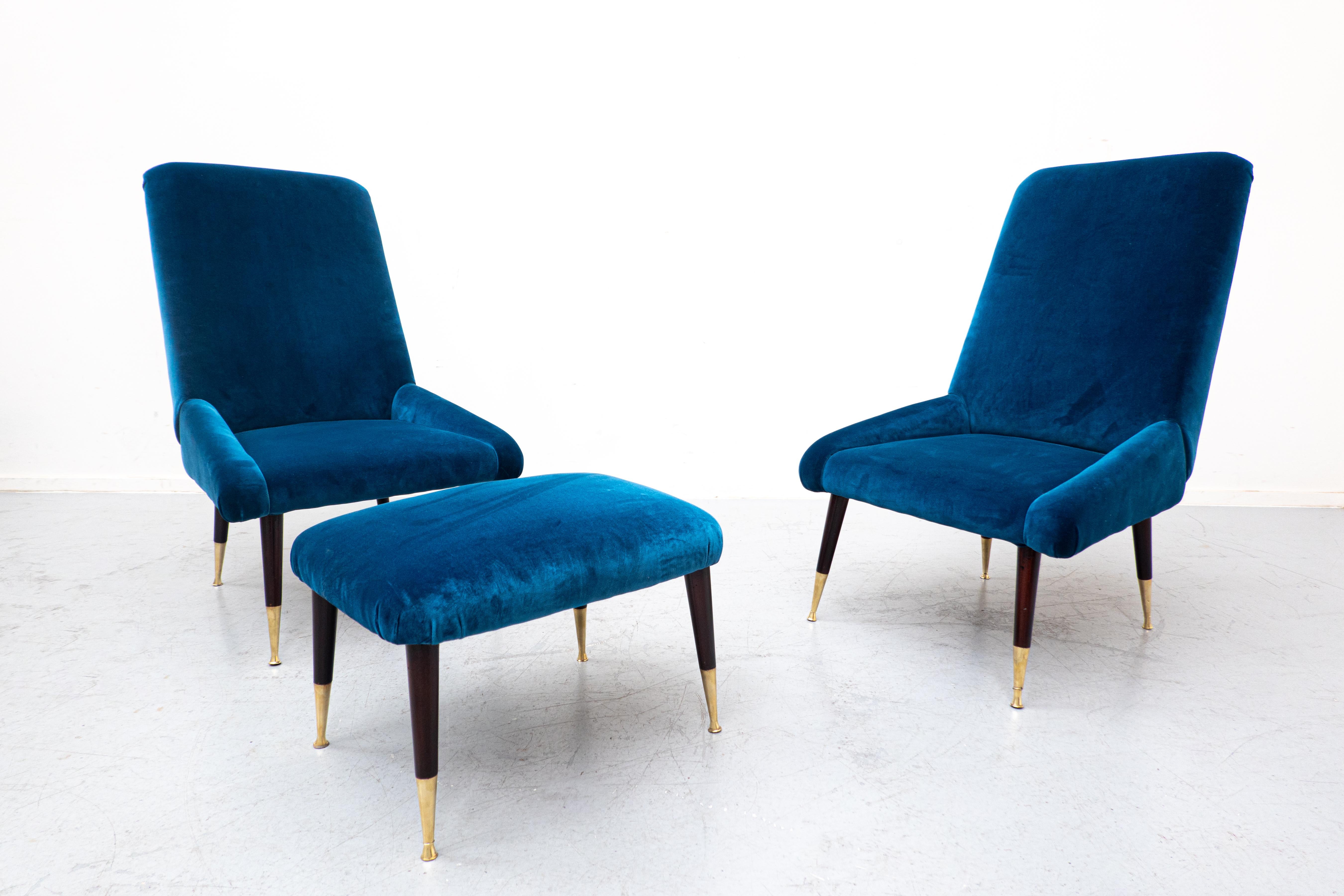 Mid-Century Modern Italian Seating Set, Blue Velvet, 1950s In Good Condition For Sale In Brussels, BE
