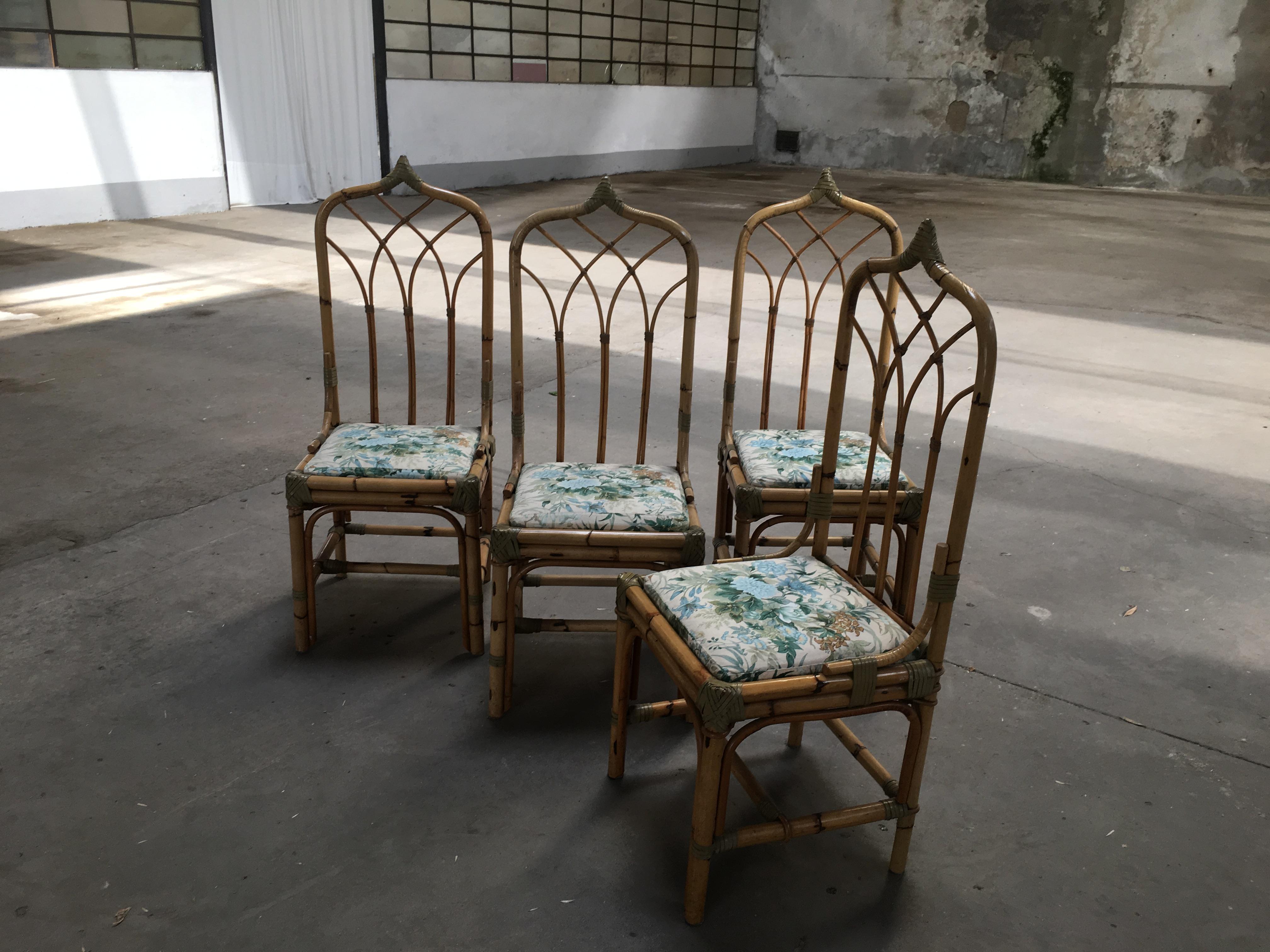 Ensemble italien de 4 chaises de salle à manger en bambou et cuir, 1970 9