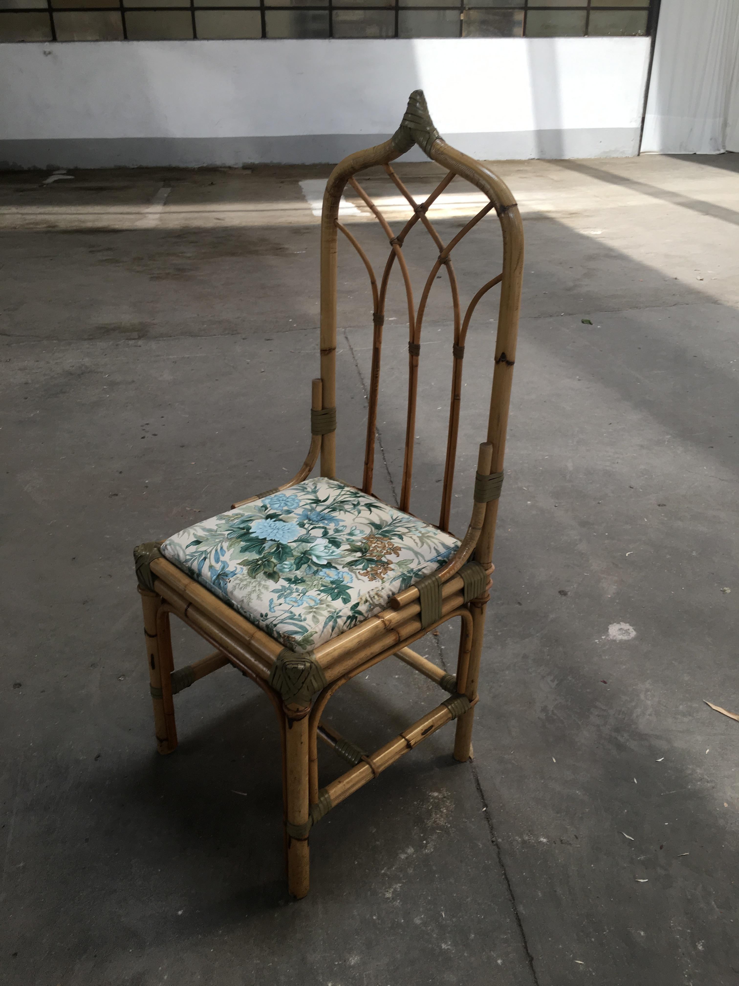 Mid-Century Modern Italian Set of 4 Bamboo and Leather Dining Chairs, 1970s For Sale 3