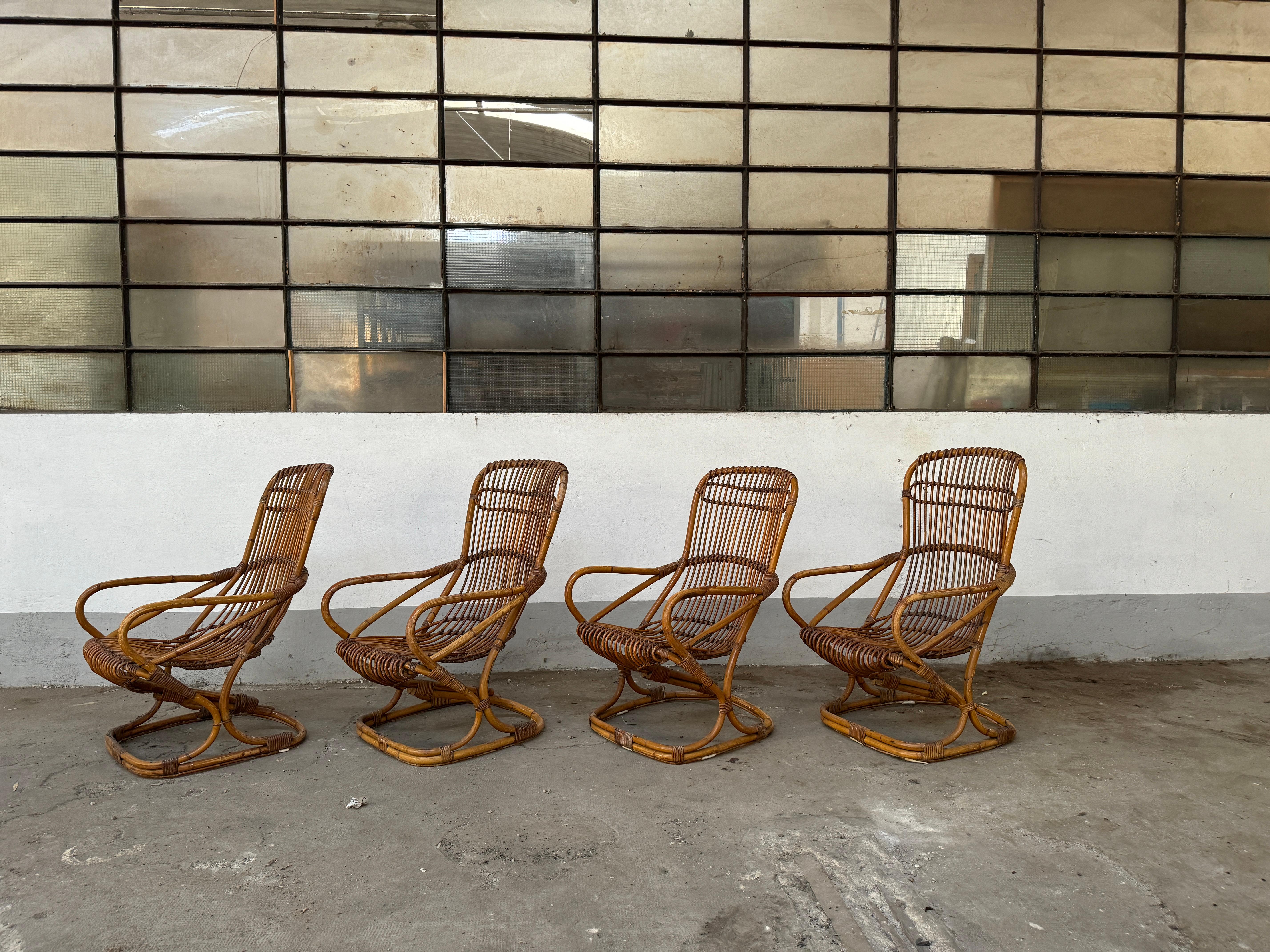 Set di 4 poltrone in bambù e rattan di Tito Agnoli per Bonacina. 1970s