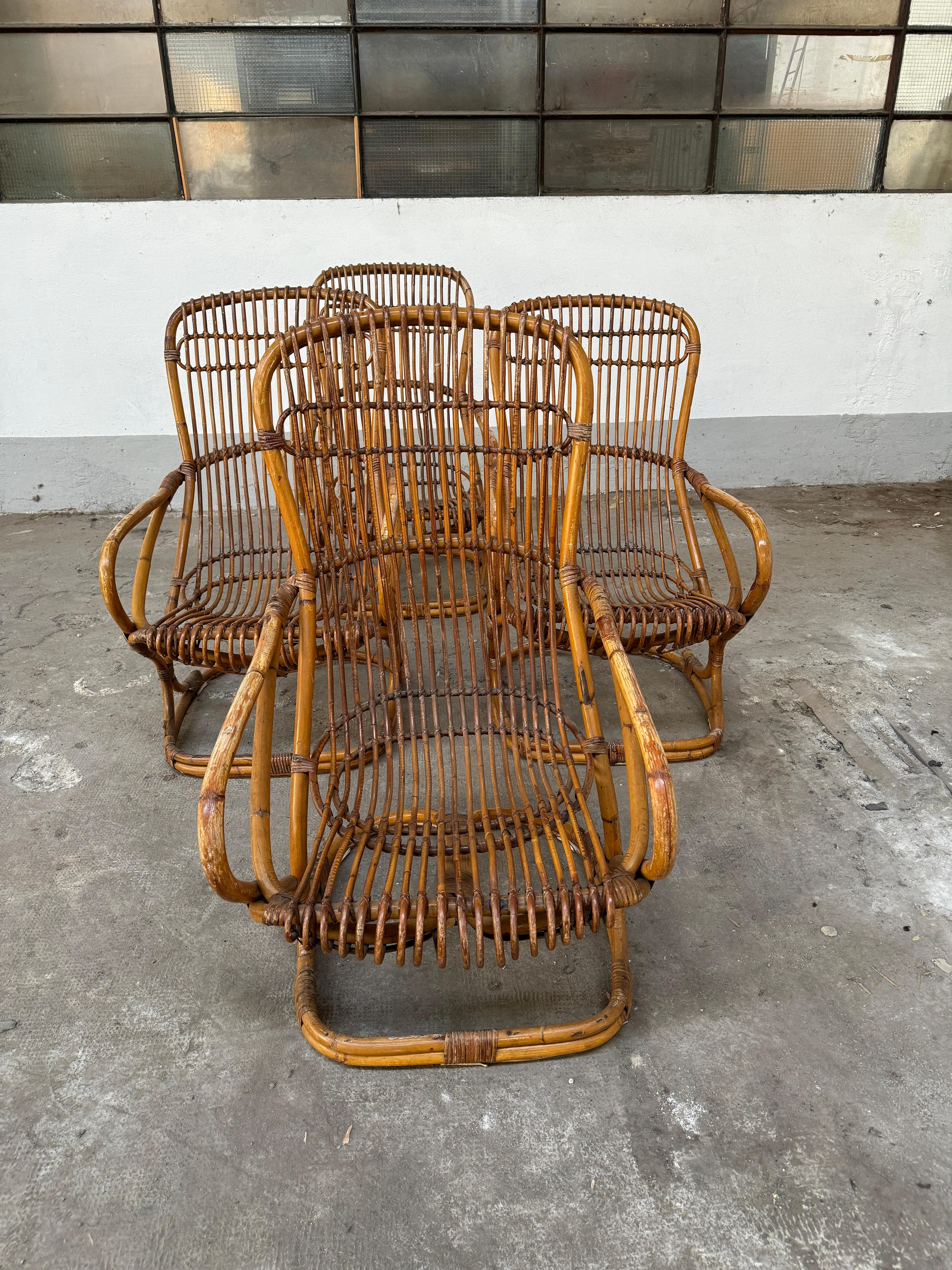Mid-Century moderno Set di 4 poltrone in bambù e rattan di Tito Agnoli, in stile Mid-Century Modern in vendita
