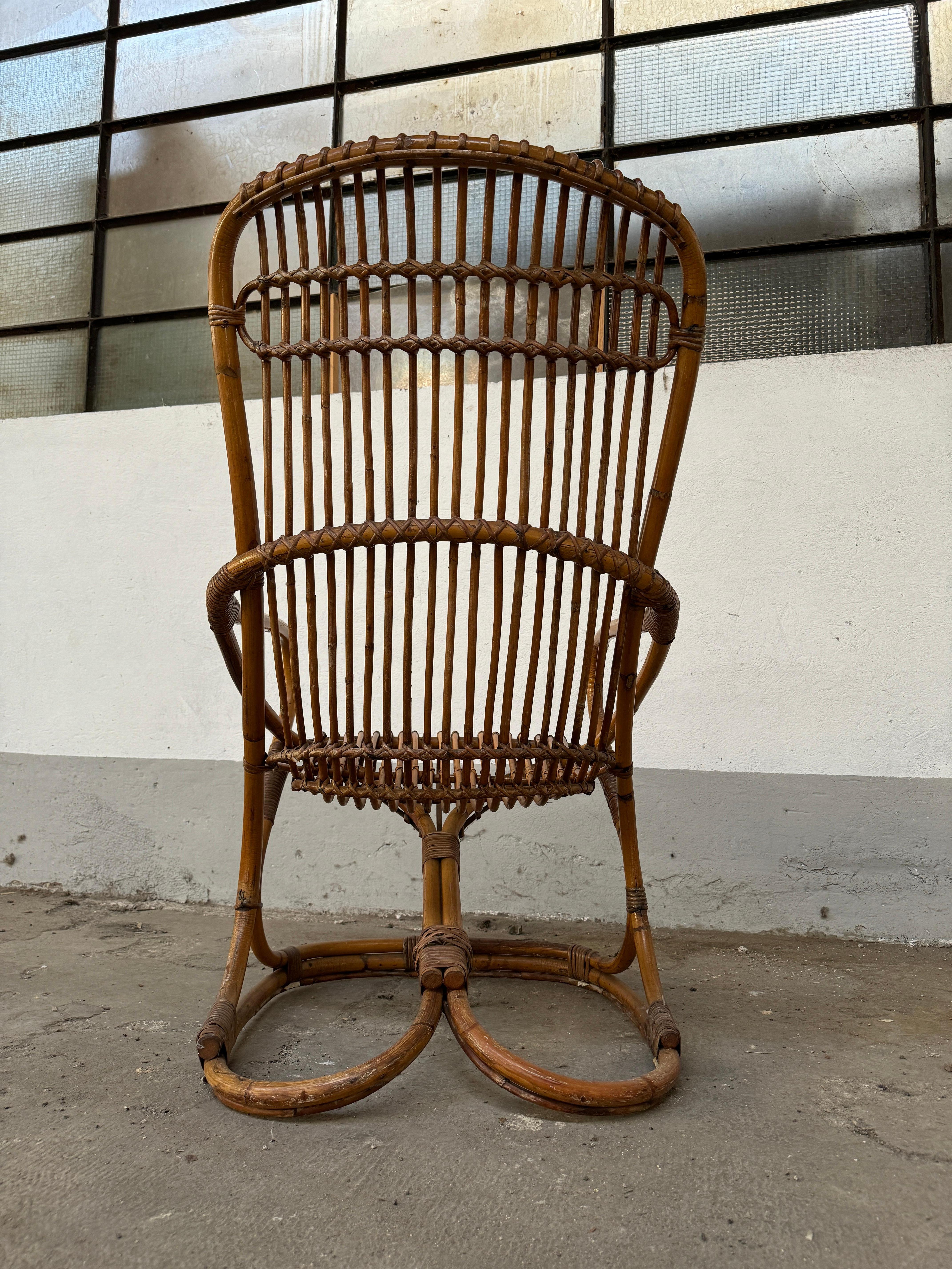 Bambù Set di 4 poltrone in bambù e rattan di Tito Agnoli, in stile Mid-Century Modern in vendita