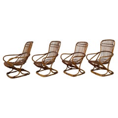 Juego italiano de 4 sillones de bambú y ratán de mediados de siglo de Tito Agnoli