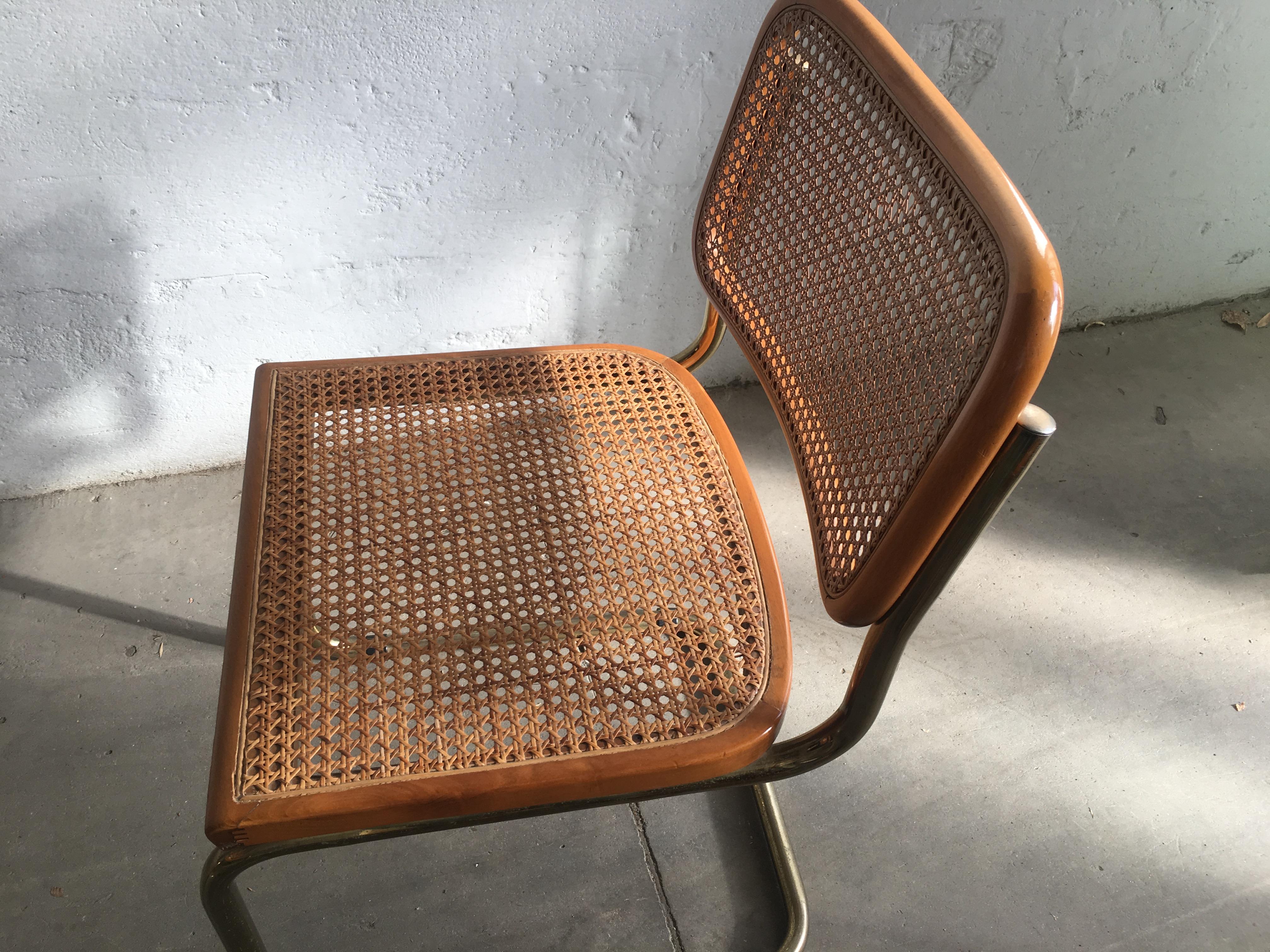 Gilt Mid-Century Modern Italian Set of 4 Cesca Chairs by Marcel Breuer, 1970s