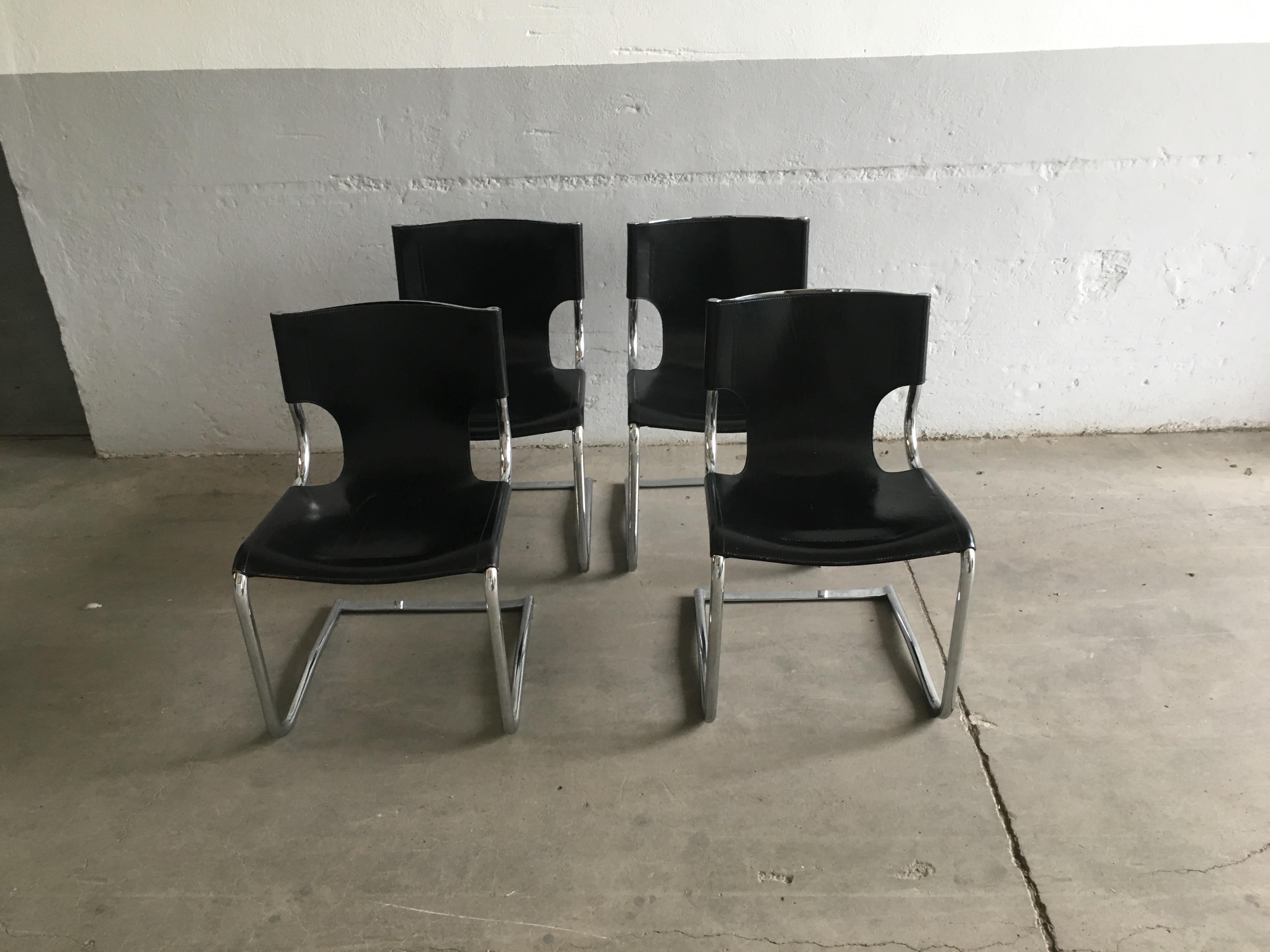 Mid-Century Modern Italian Set of 4 Chrome and Leather Chairs 3