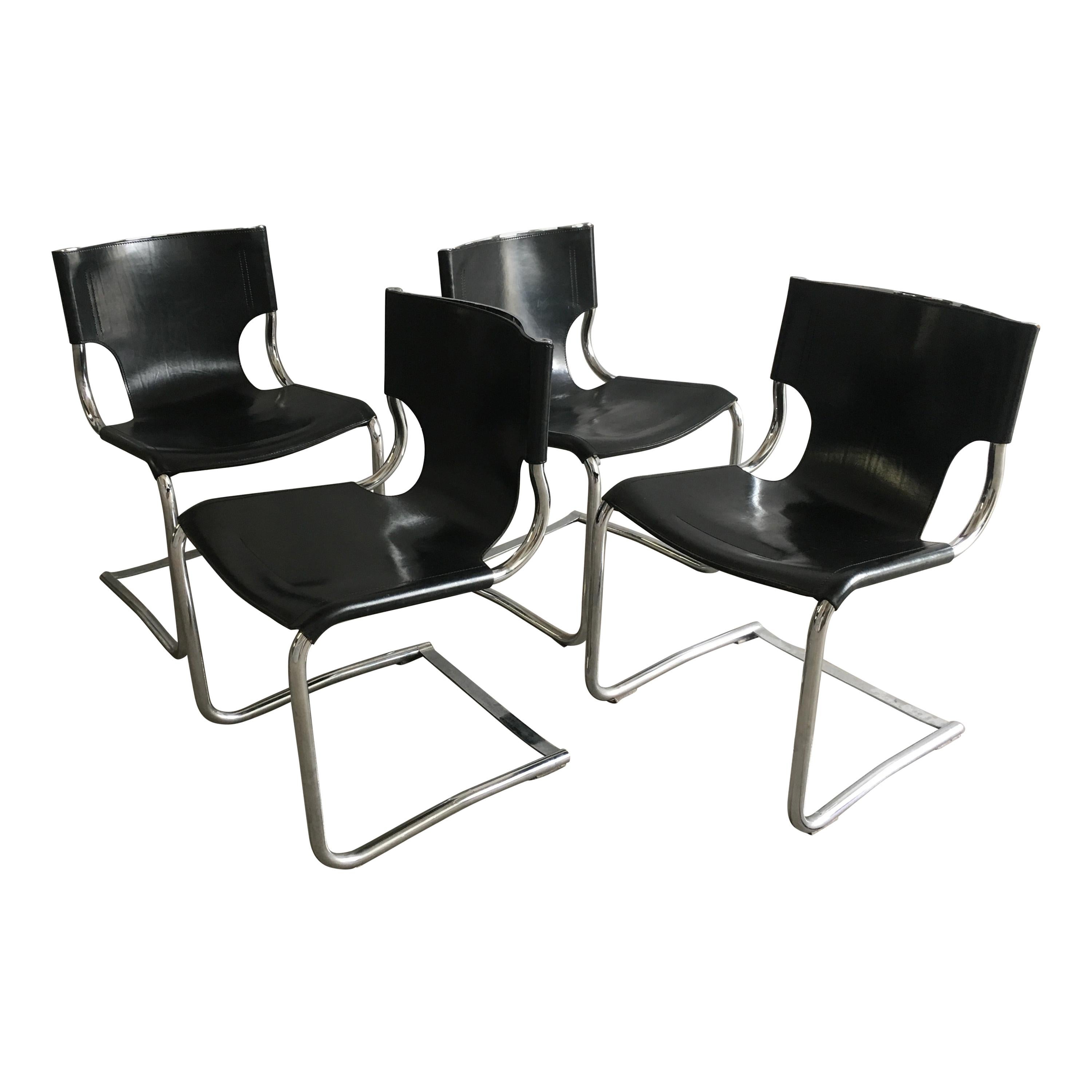 Mid-Century Modern Italian Set of 4 Chrome and Leather Chairs