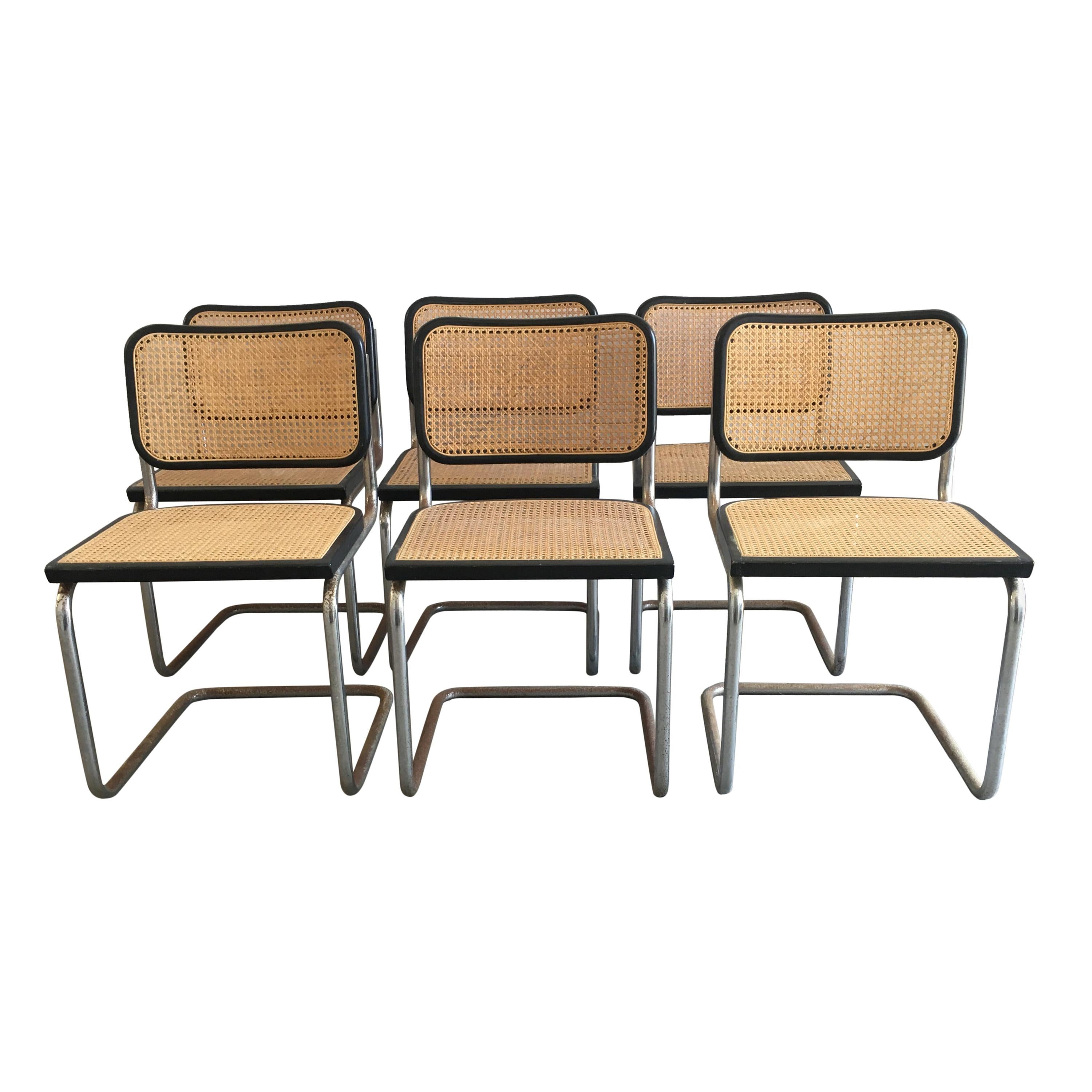 Mid-Century Modern Italian Set of 6 Chrome "Cesca" Chair by Marcel Breuer, 1970s