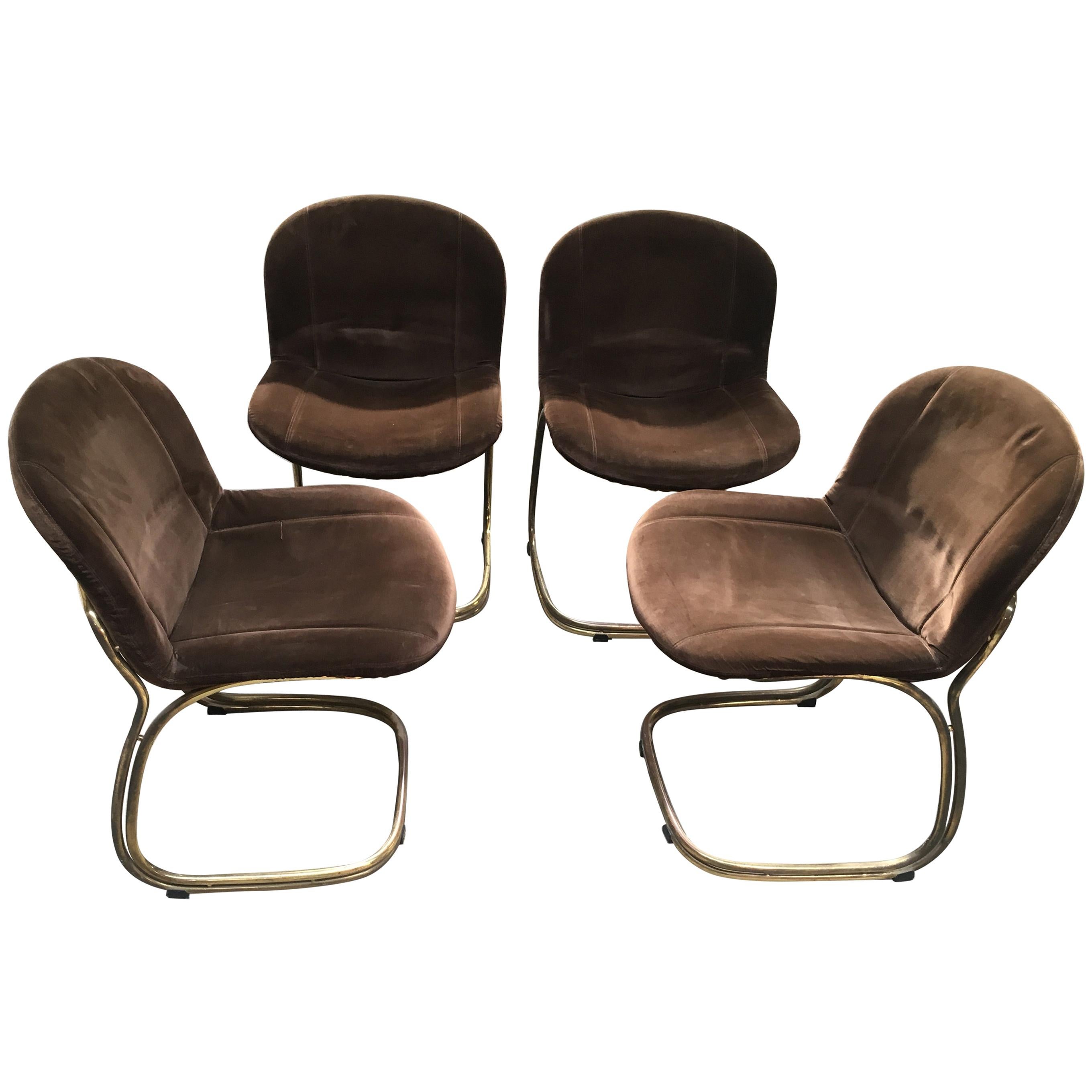 Mid-Century Modern Italian Set of 4 Gilt Metal Chairs by Gastone Rinaldi, 1970s