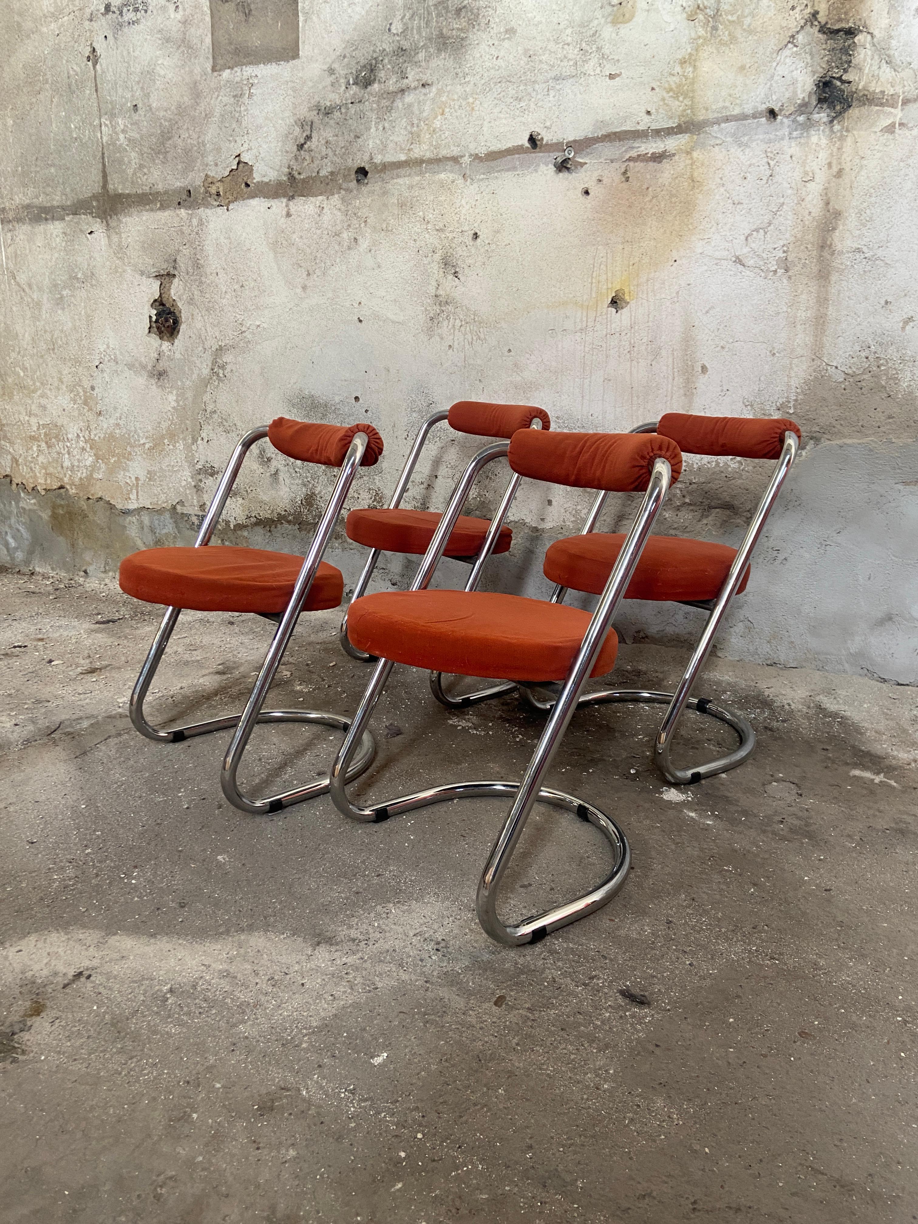 Late 20th Century Mid-Century Modern Italian Set of 4 Giotto Stoppino Chrome Chairs from 1970s For Sale