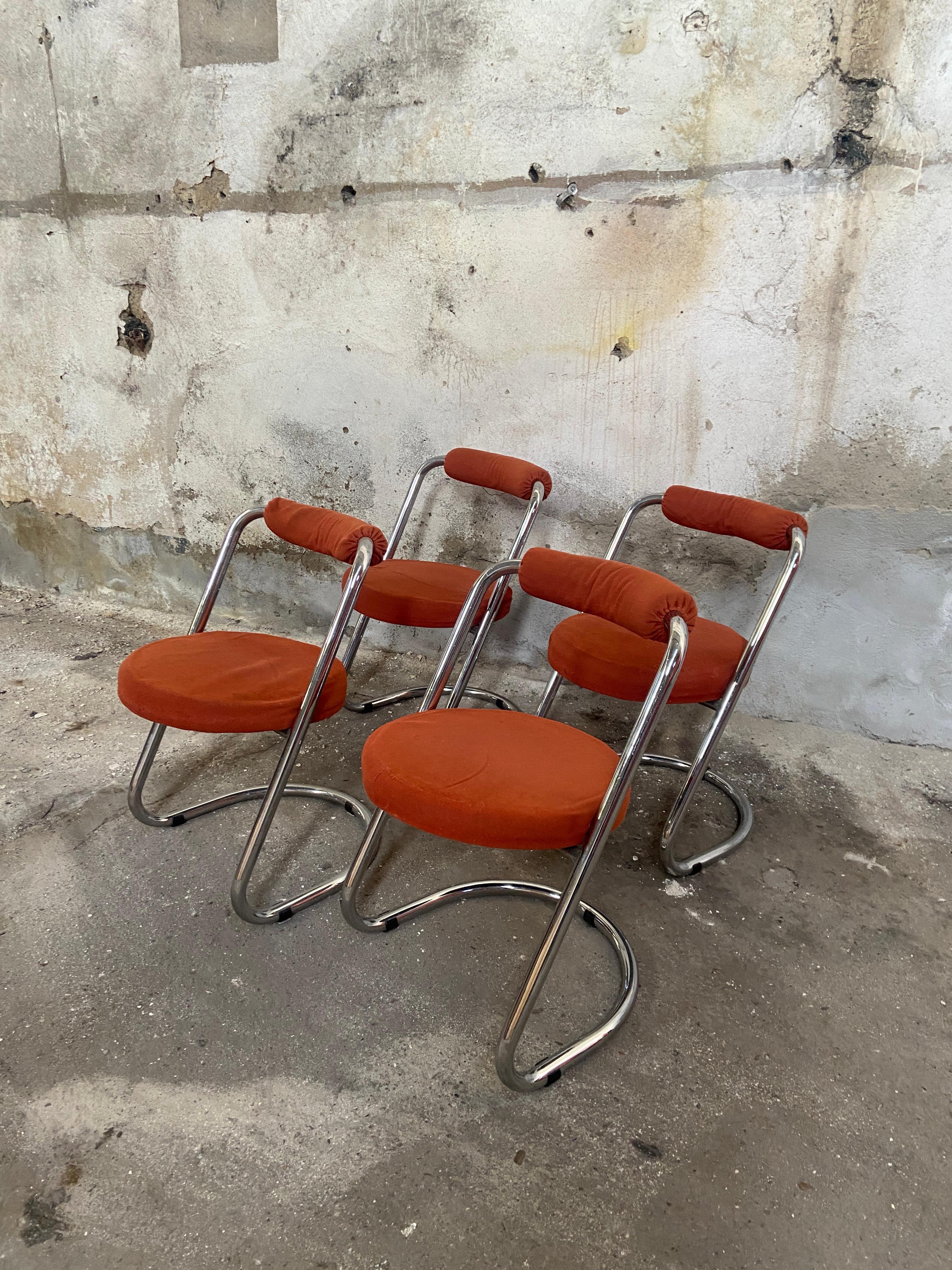 Fabric Mid-Century Modern Italian Set of 4 Giotto Stoppino Chrome Chairs from 1970s For Sale