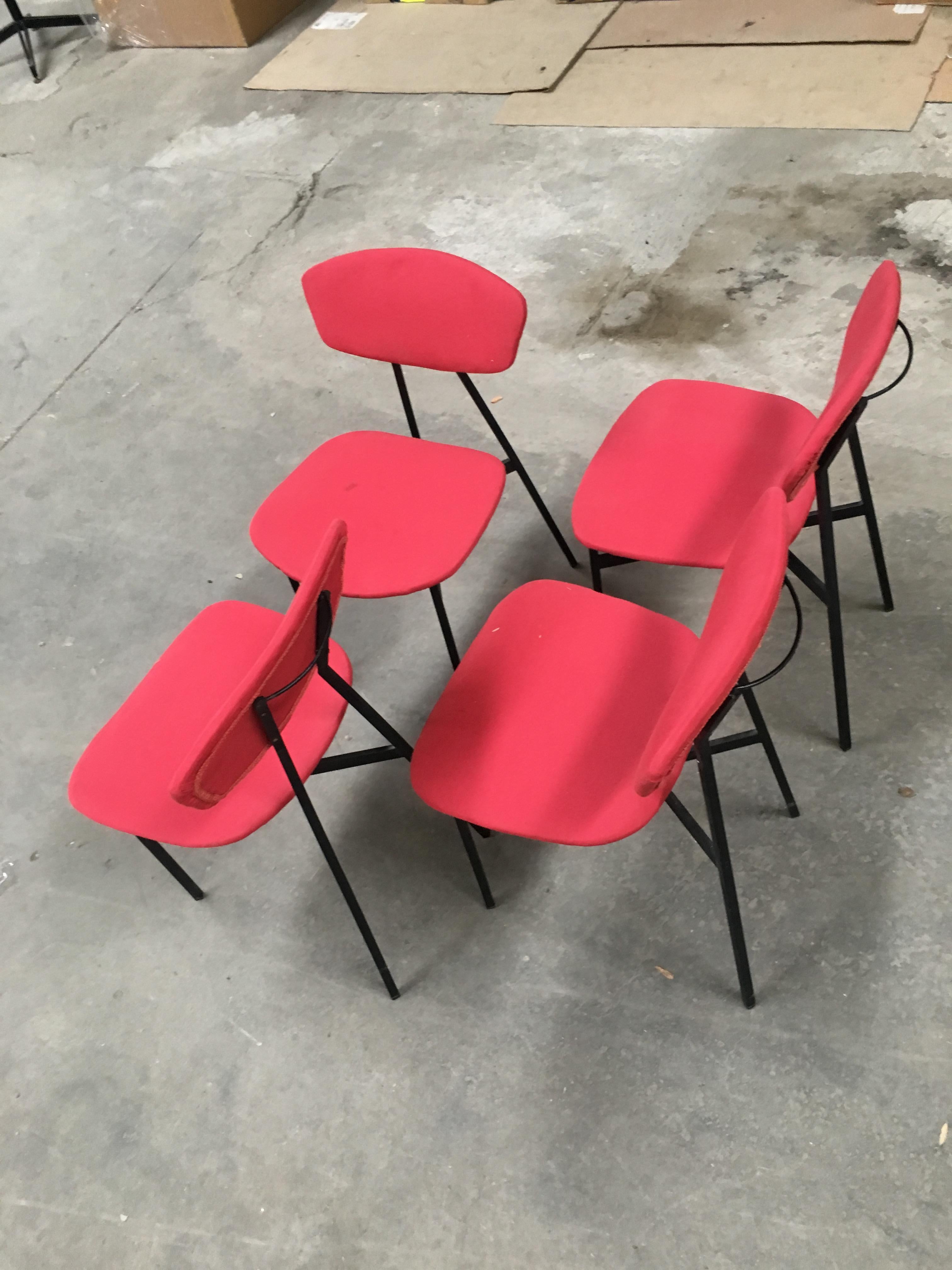 Mid-20th Century Mid-Century Modern Italian Set of 4 Iron Chairs with Original Red Upholstery