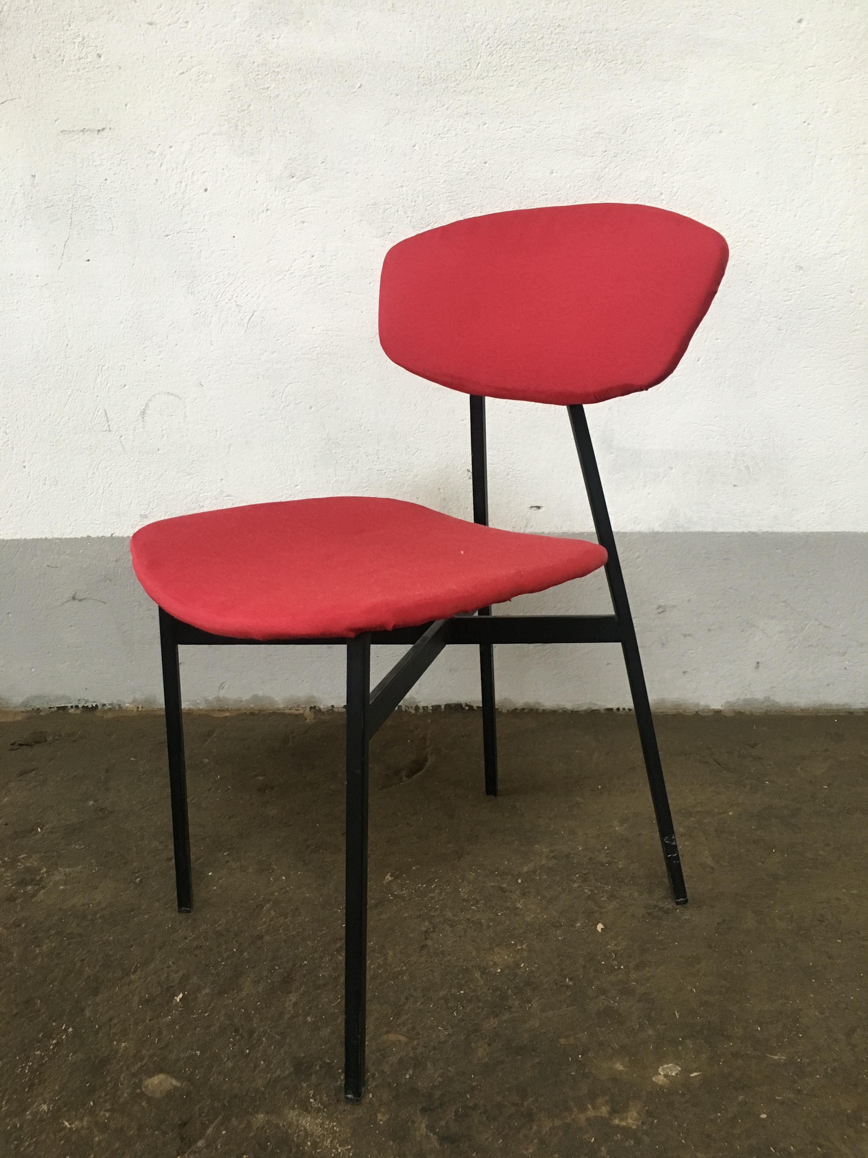 Mid-Century Modern Italian Set of 4 Iron Chairs with Original Red Upholstery 2