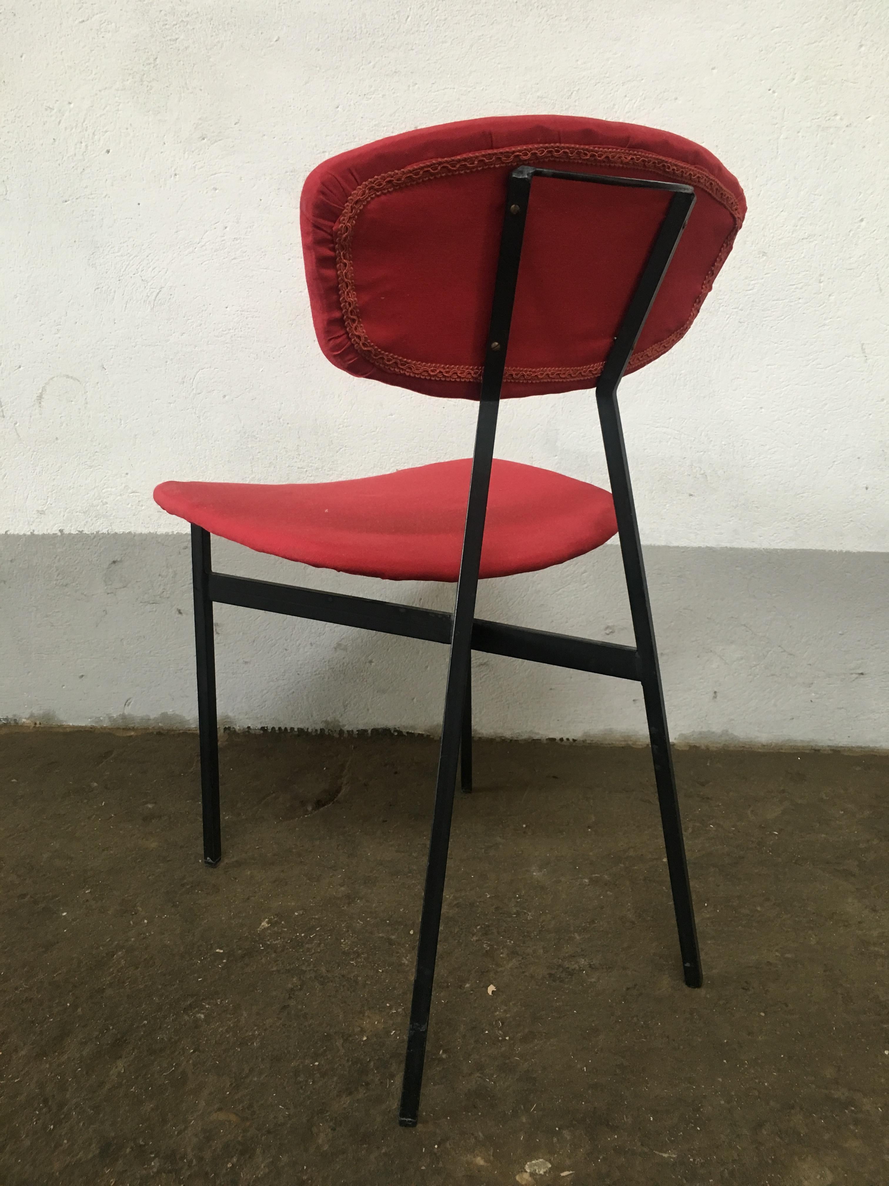 Mid-Century Modern Italian Set of 4 Iron Chairs with Original Red Upholstery 4