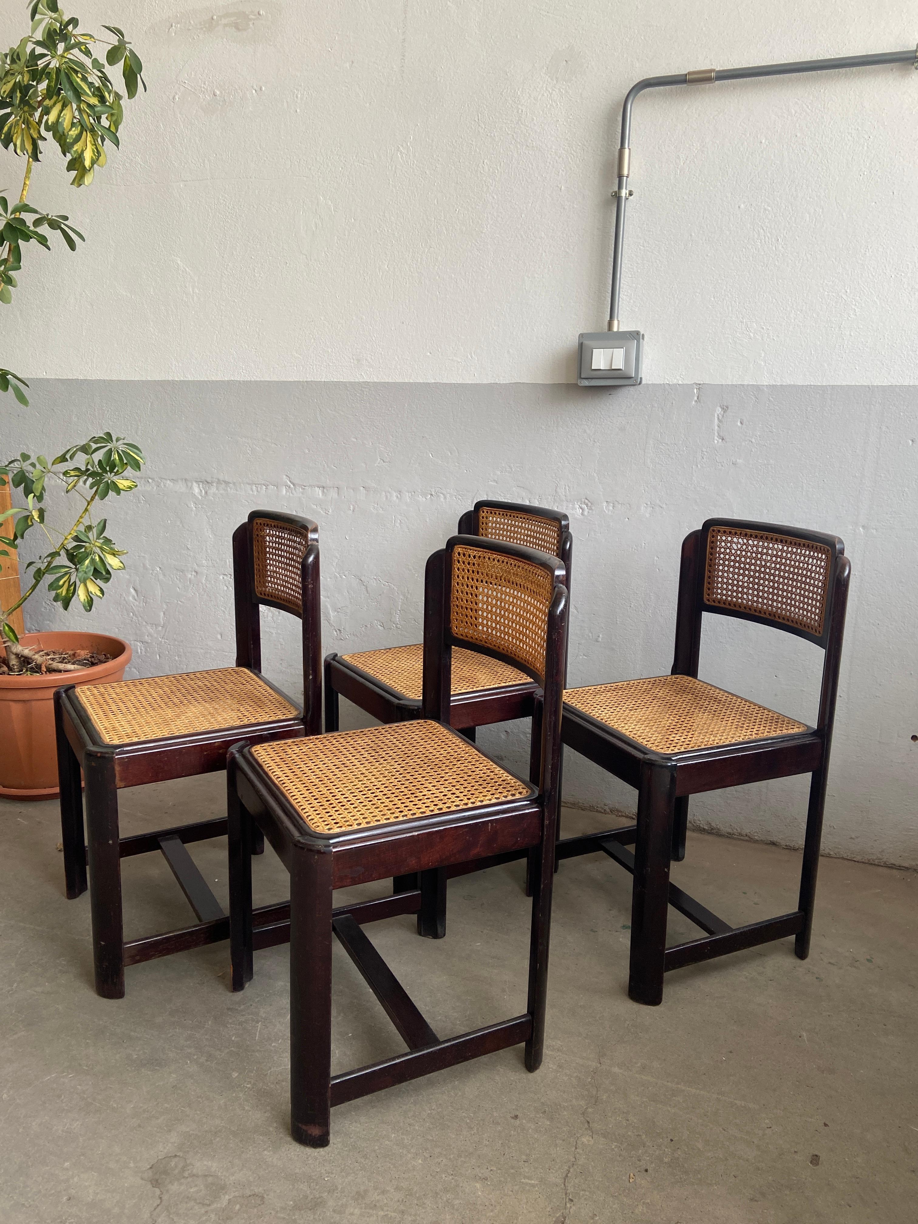 Mid-Century Modern Italian Set of 4 Mahogany Chairs with Vienna Straw, 1970s 4
