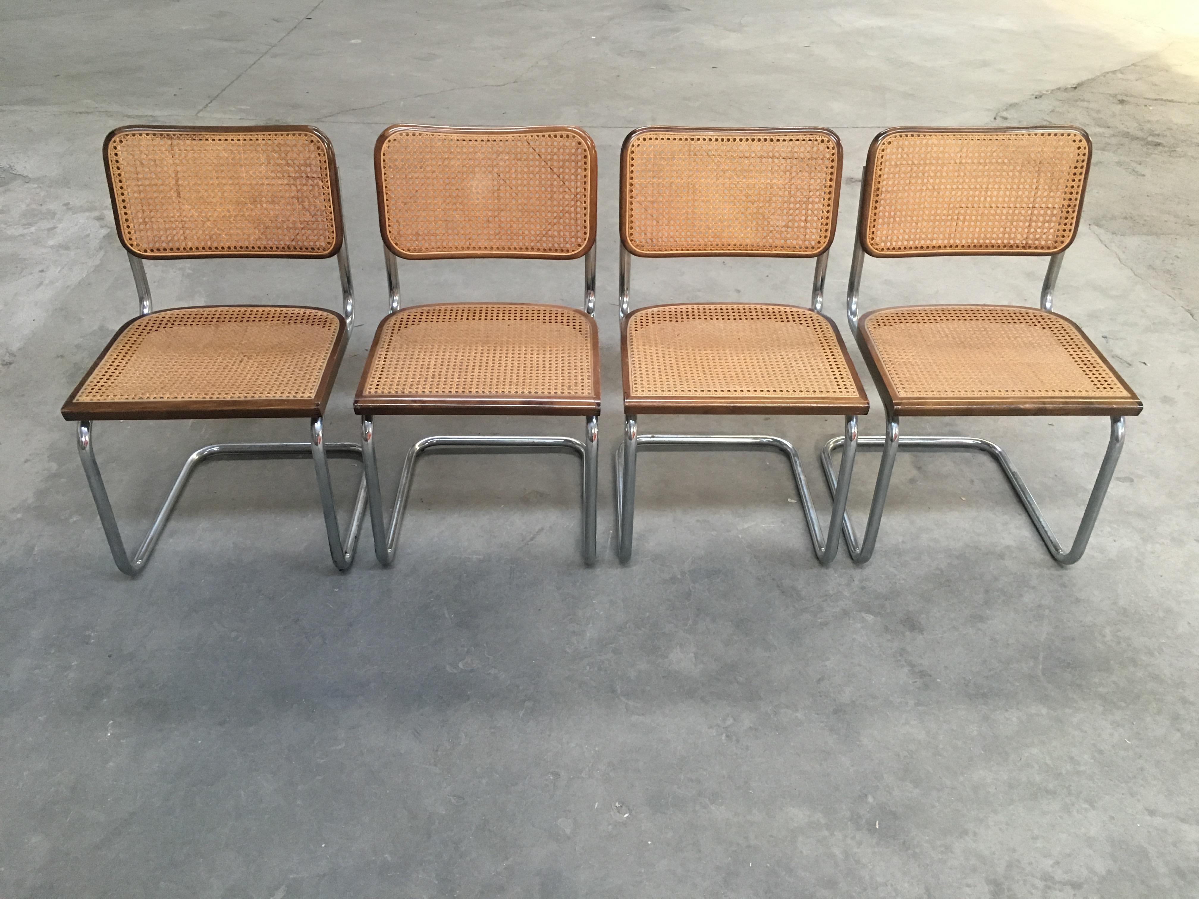 Mid-Century Modern Italian four walnut and chrome Cesca chairs by Marcel Breuer.