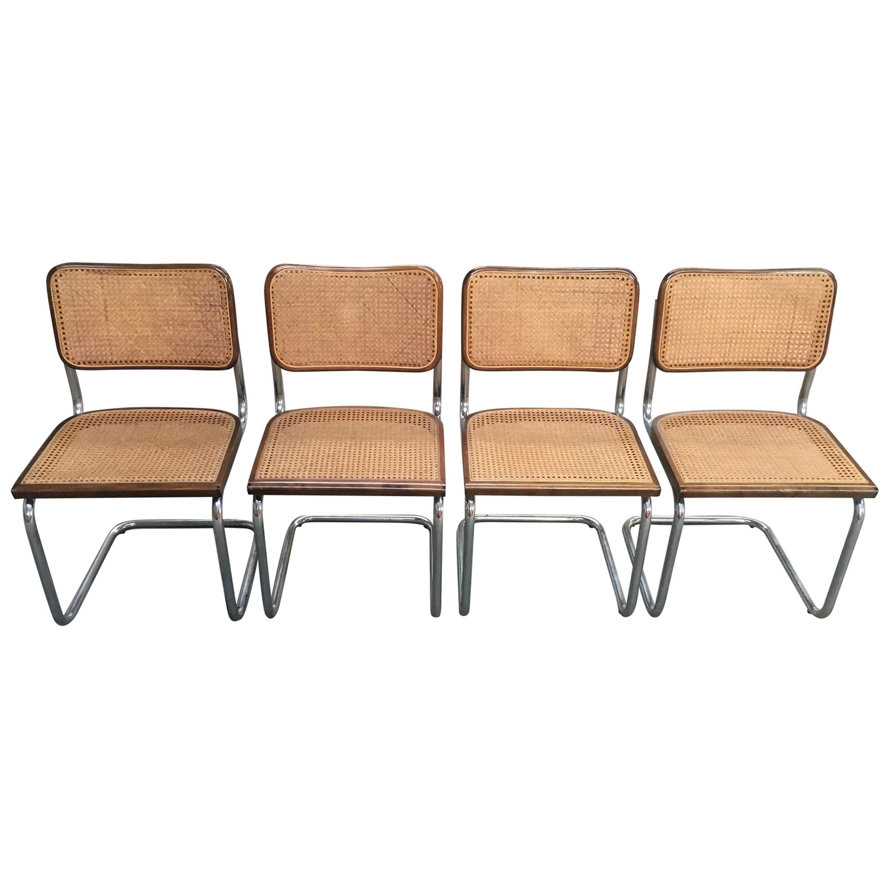 Mid-Century Modern Italian Set of 4 Walnut and Chrome Cesca Chairs, 1970s
