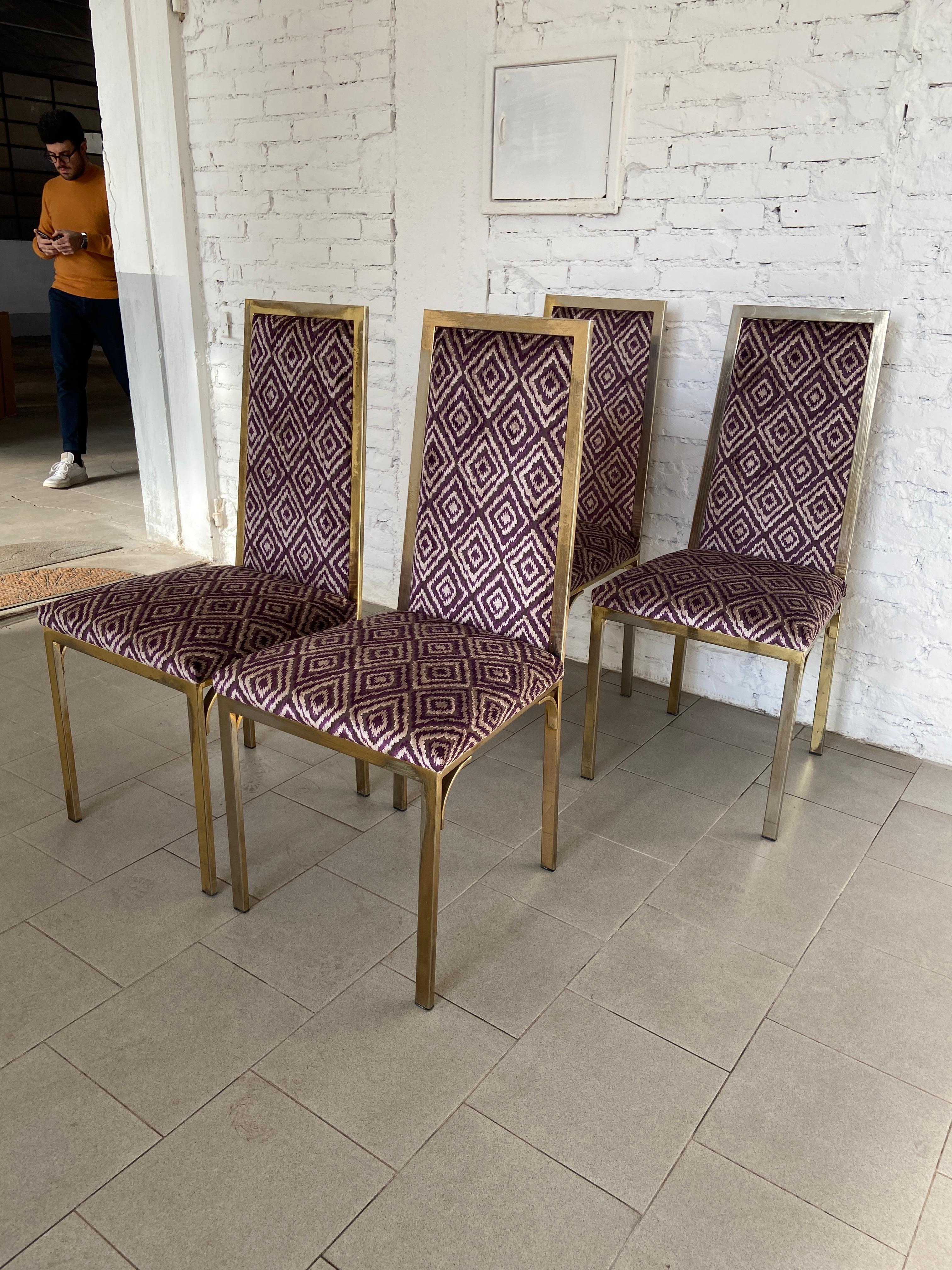 Mid-Century Modern Italian set of 4 Willy Rizzo dining chairs with gilt brass structure and original vintage 