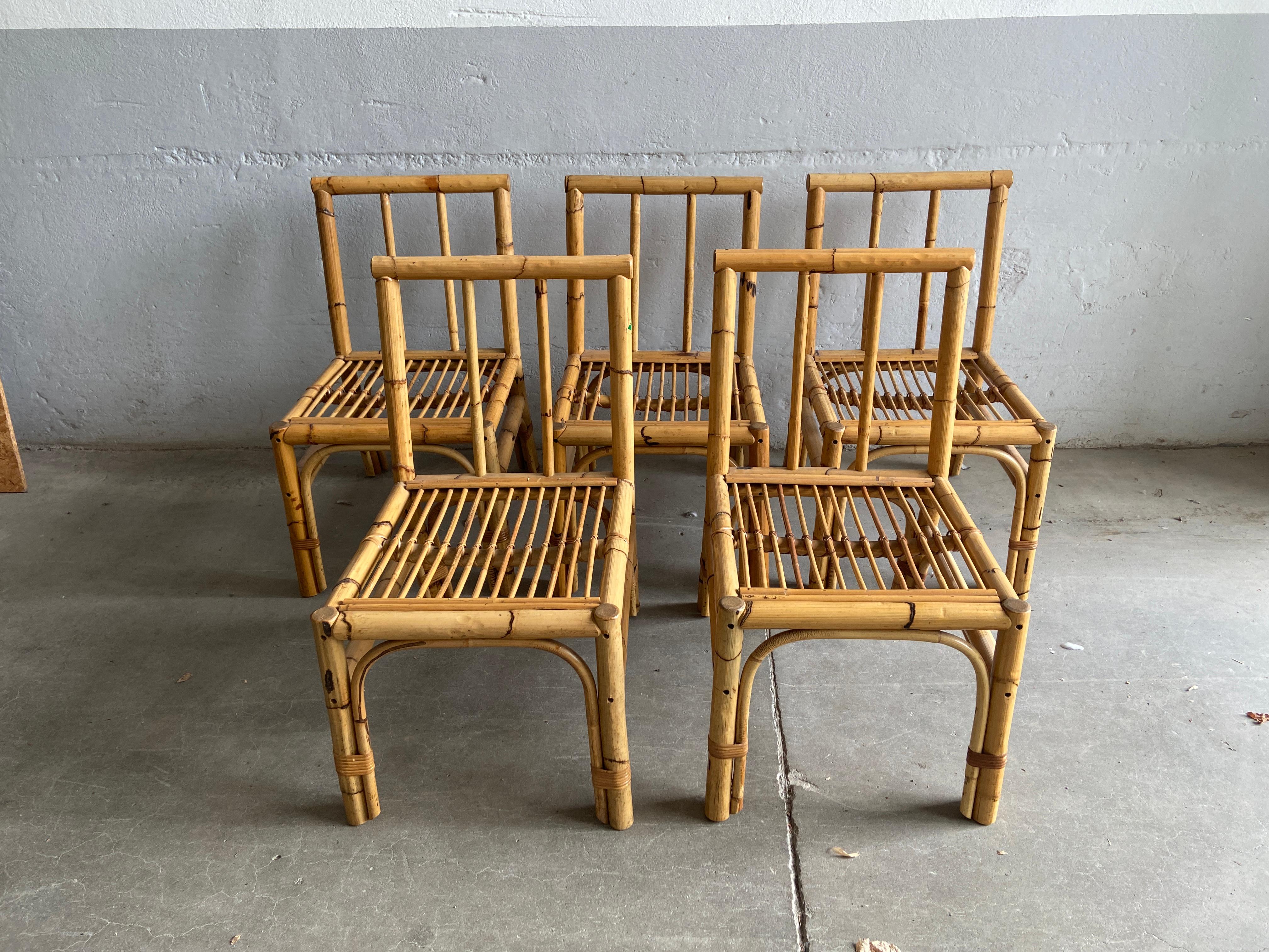 Mid-Century Modern Italian Set of 5 Bamboo and Rattan Chairs, 1970s In Good Condition For Sale In Prato, IT