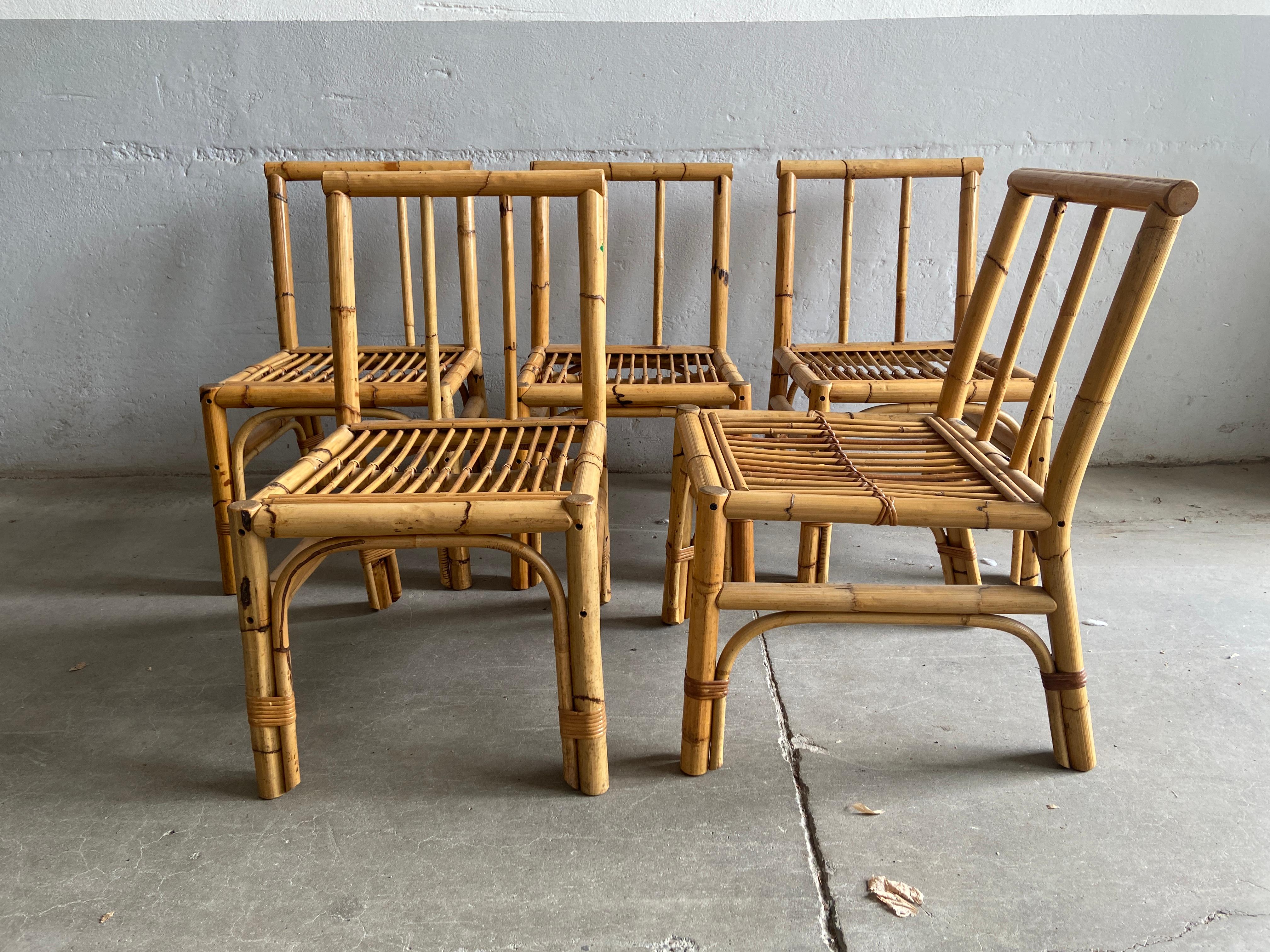 Late 20th Century Mid-Century Modern Italian Set of 5 Bamboo and Rattan Chairs, 1970s For Sale
