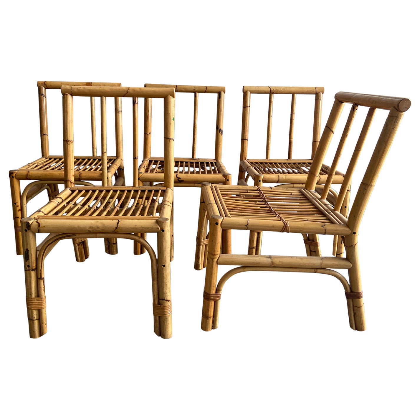 Mid-Century Modern Italian Set of 5 Bamboo and Rattan Chairs, 1970s