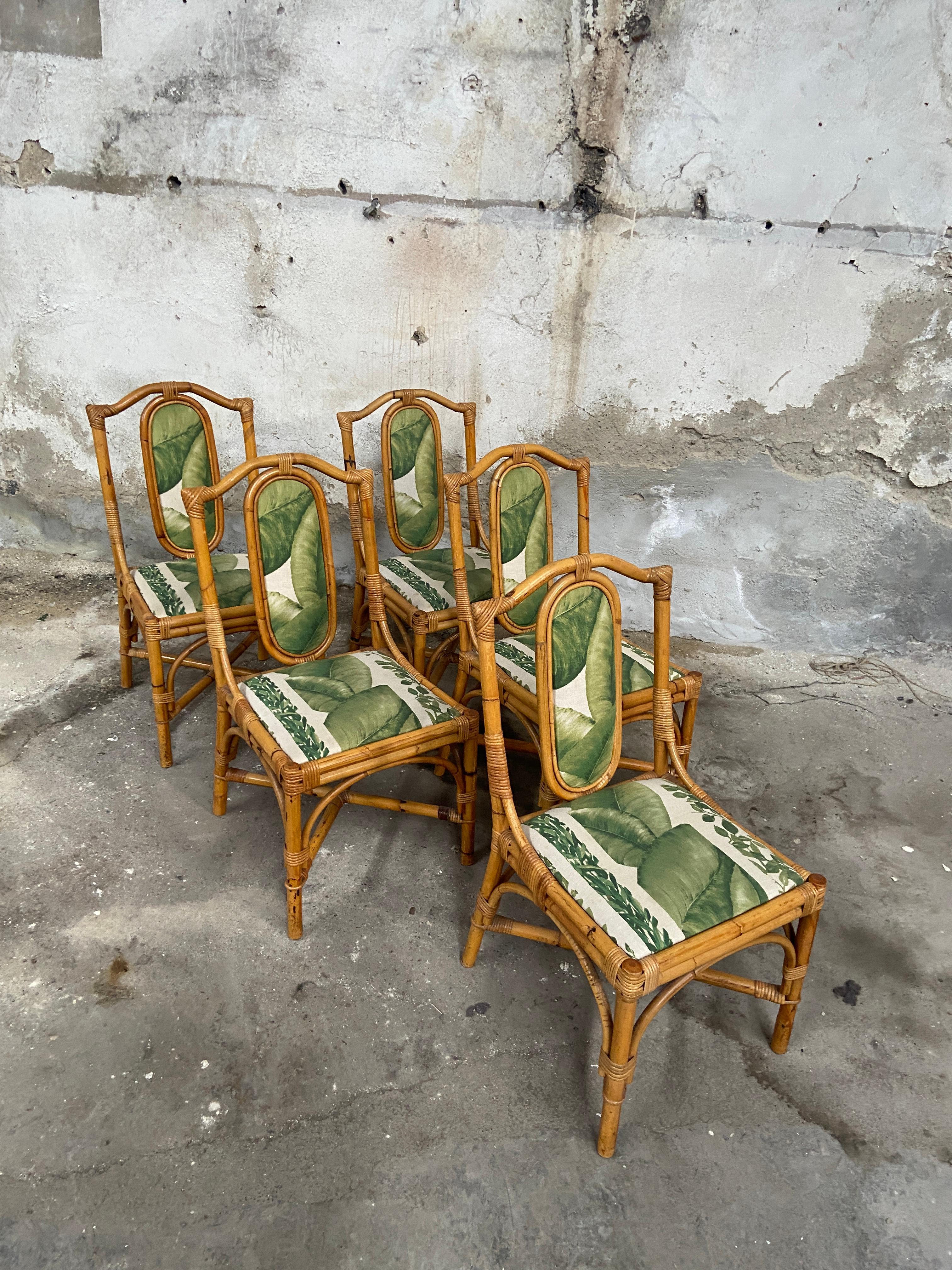 Late 20th Century Mid-Century Modern Italian Set of 5 Bamboo Dining Chairs. 1970s For Sale