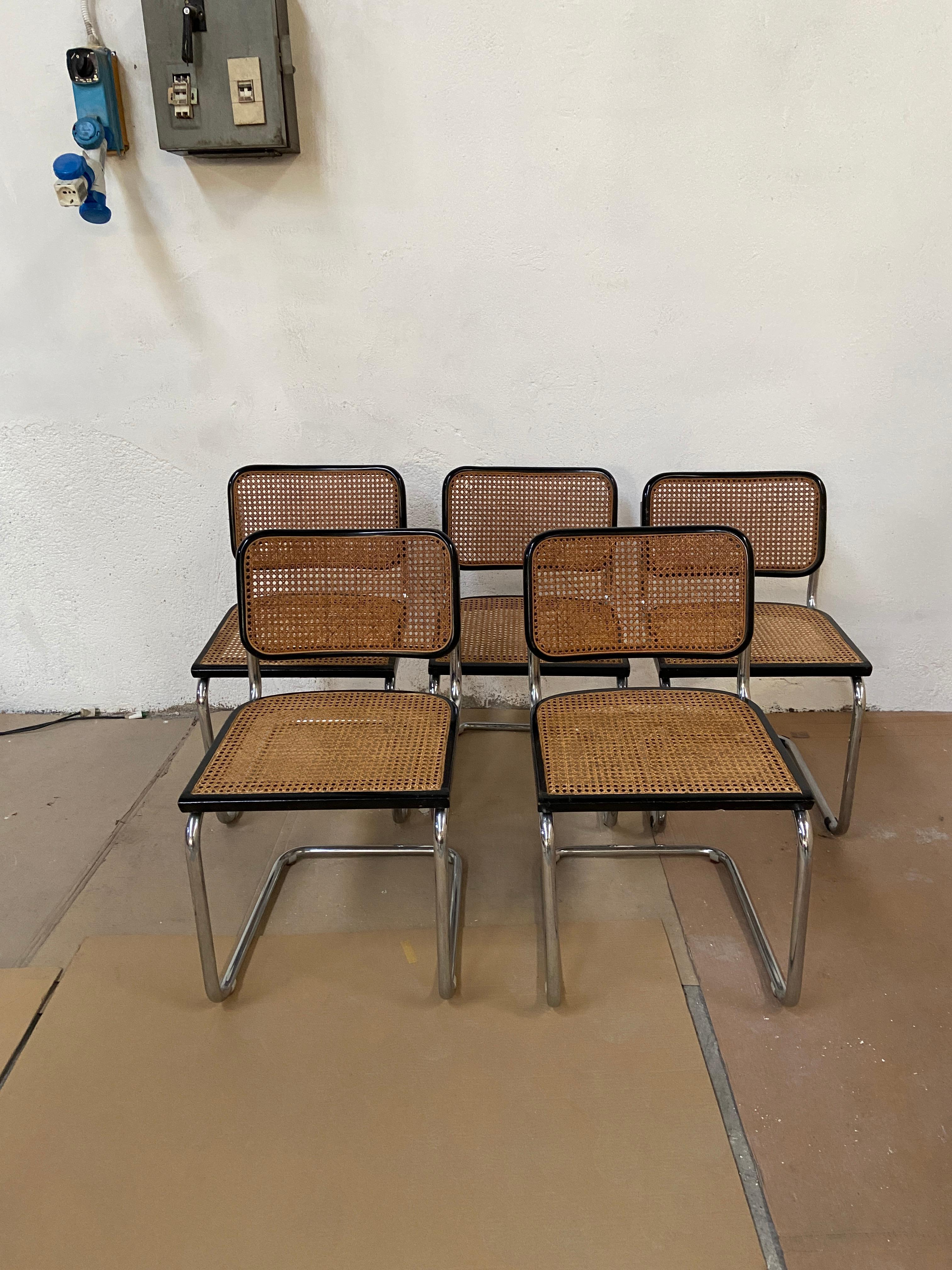 Mid-Century Modern Italian set of 5 Cesca chrome and black cantilever chairs by Marcel Breuer.
