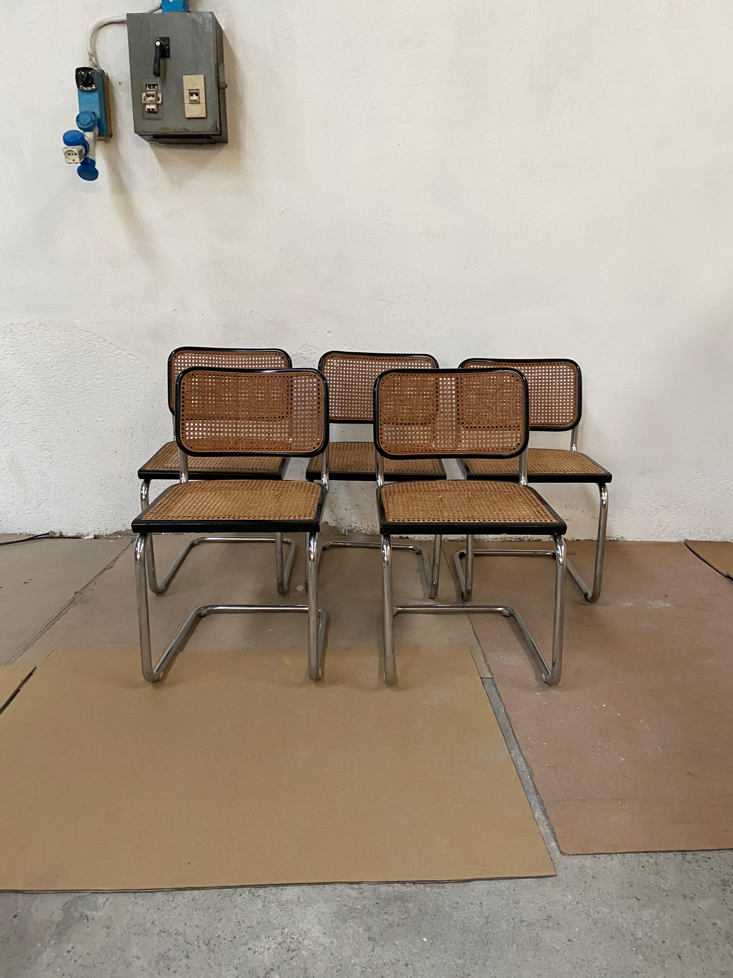 Lacquered Mid-Century Modern Italian Set of 5 Cesca Chrome Chairs by Marcel Breuer, 1970s