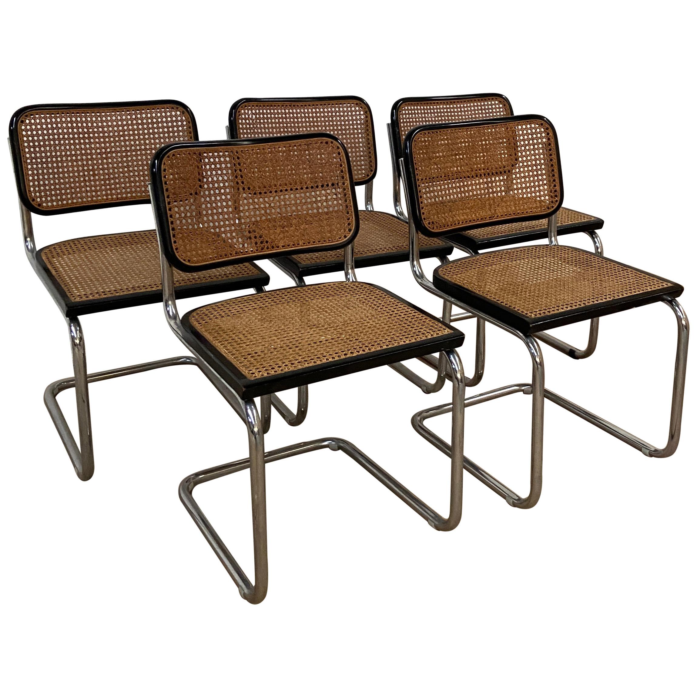 Mid-Century Modern Italian Set of 5 Cesca Chrome Chairs by Marcel Breuer, 1970s
